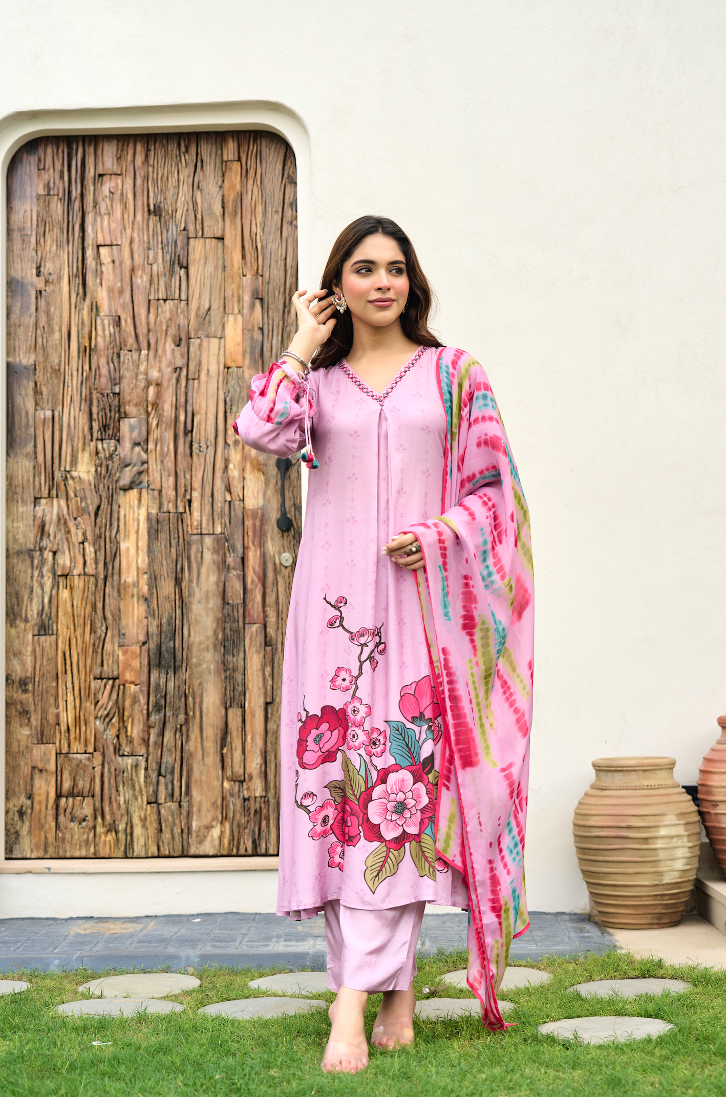 Rosé Bloom Muslin A-Line Suit Set