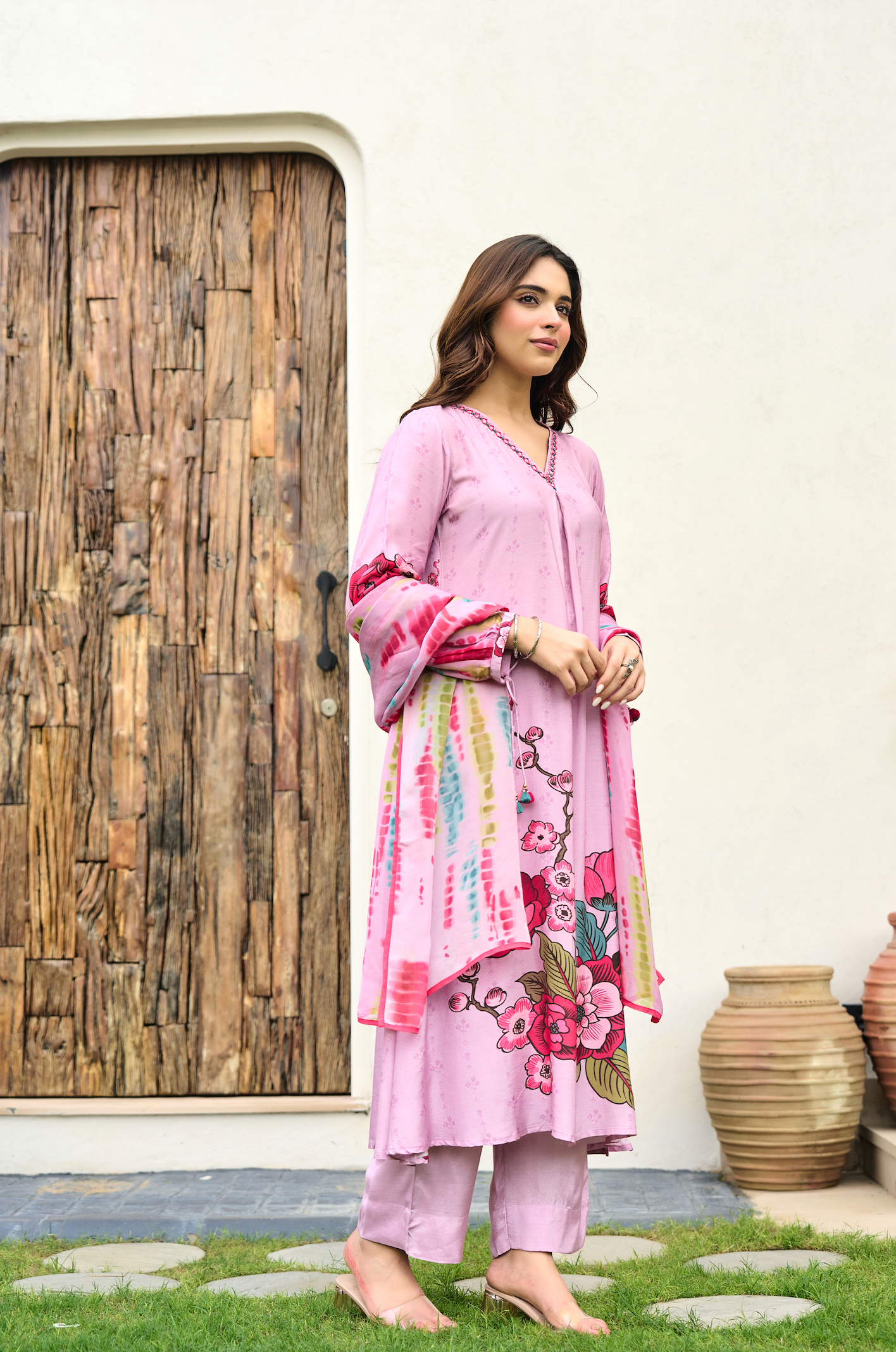 Rose Bloom Muslin A-Line Suit Set