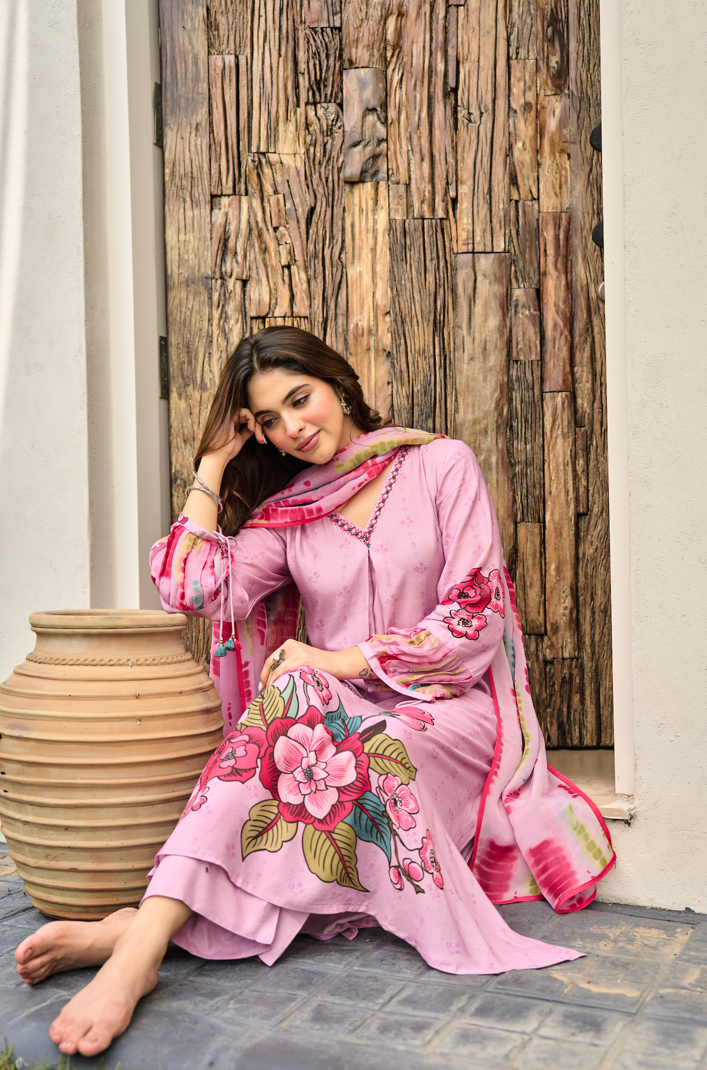 Rosé Bloom Muslin A-Line Suit Set