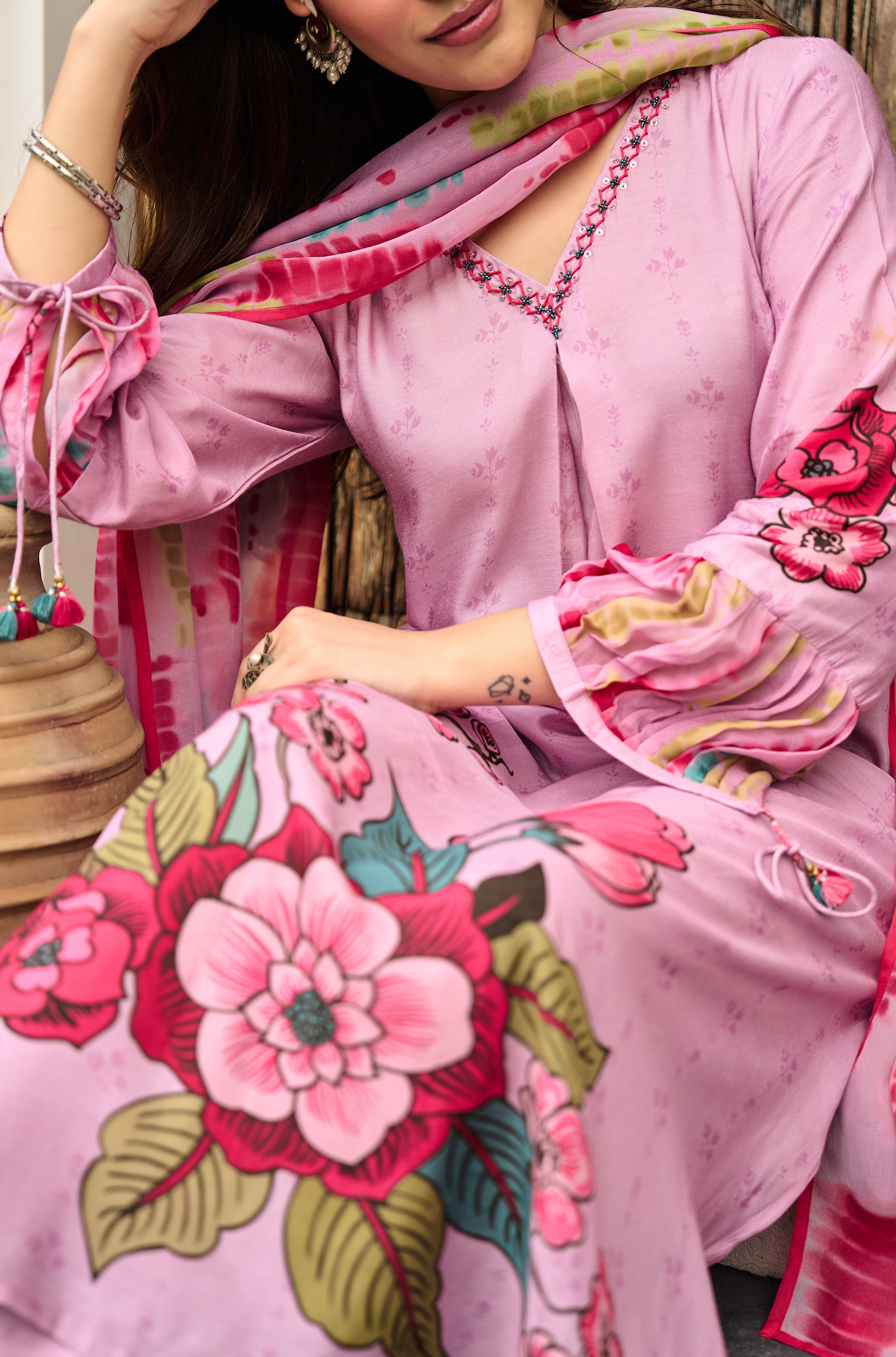 Rose Bloom Muslin A-Line Suit Set