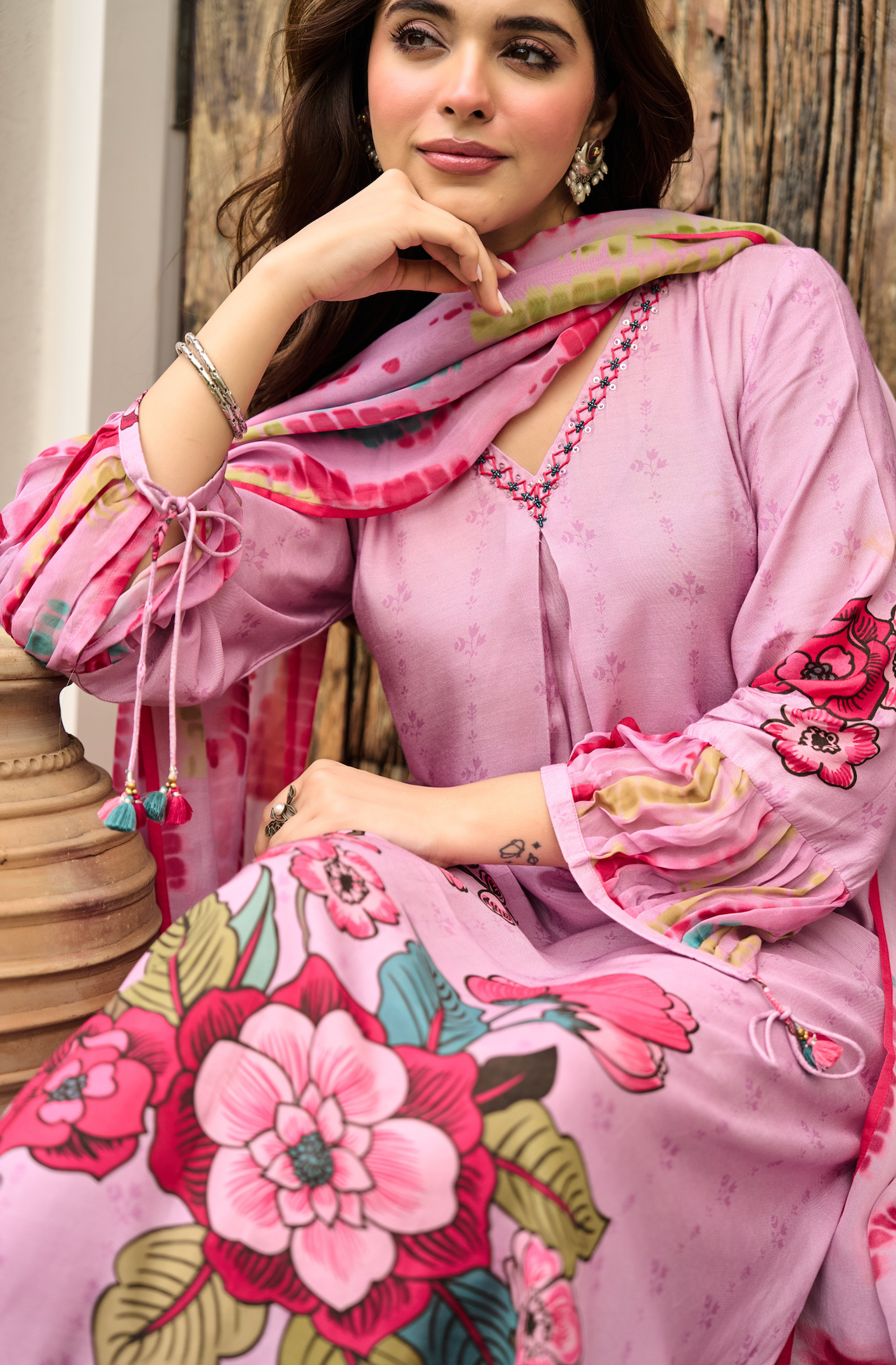 Rose Bloom Muslin A-Line Suit Set