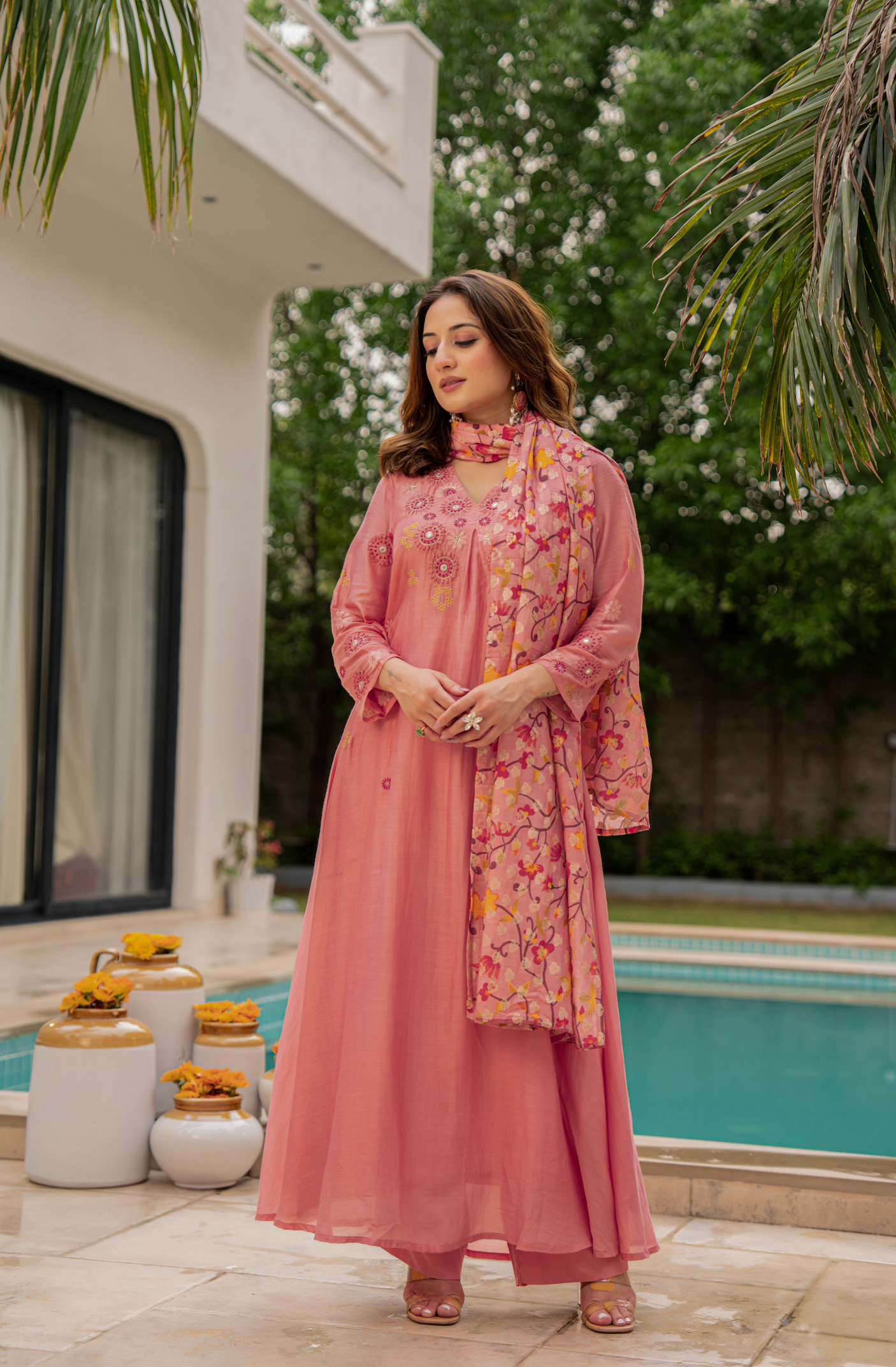 Coral Bloom Sunsilk A-Line Suit Set