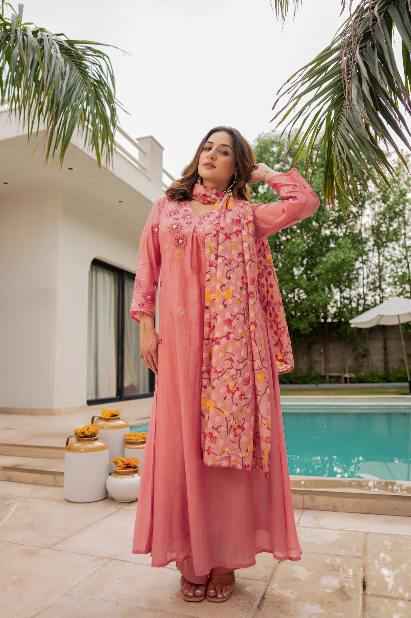 Coral Bloom Sunsilk A-Line Suit Set