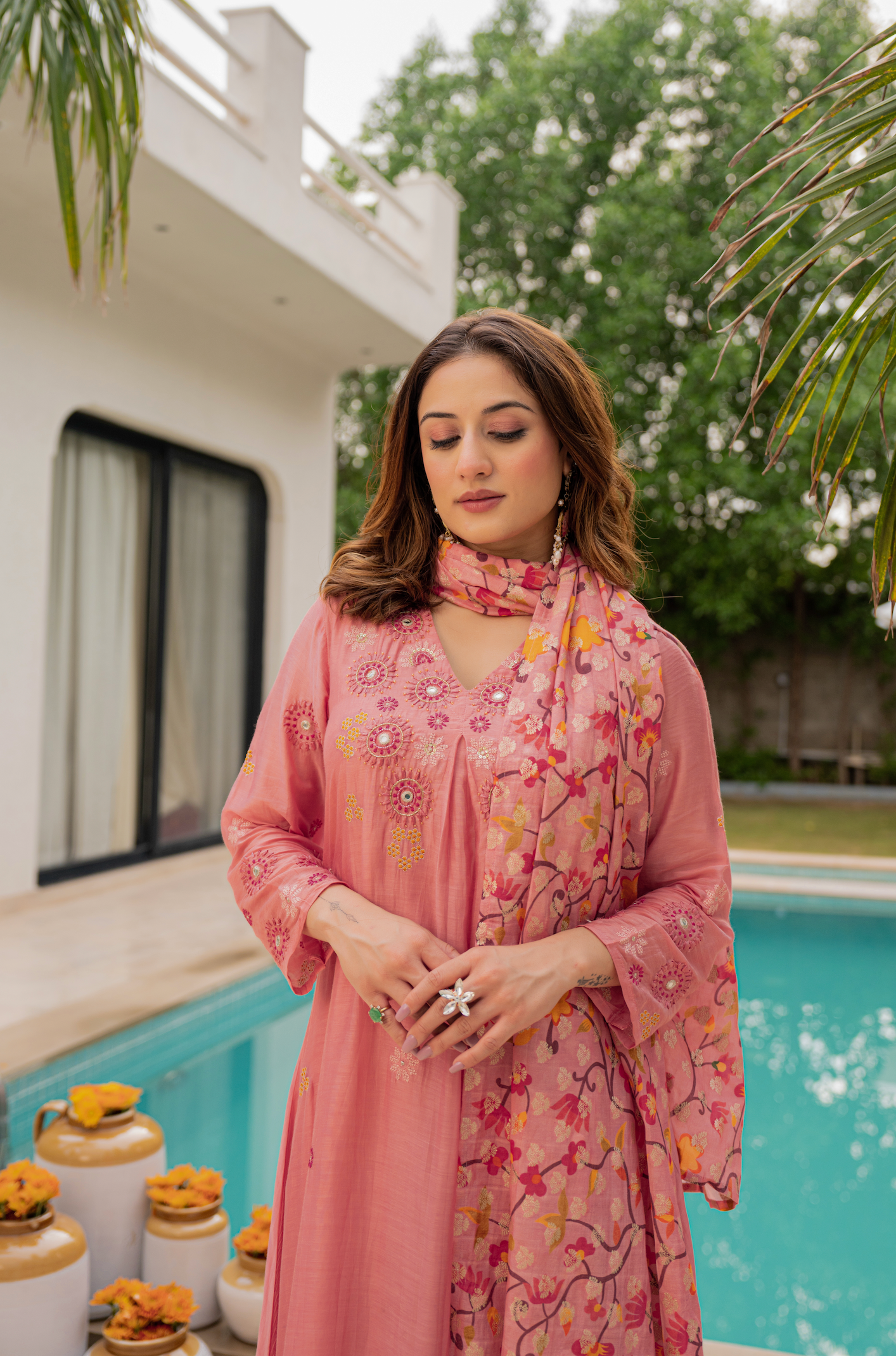 Coral Bloom Sunsilk A-Line Suit Set