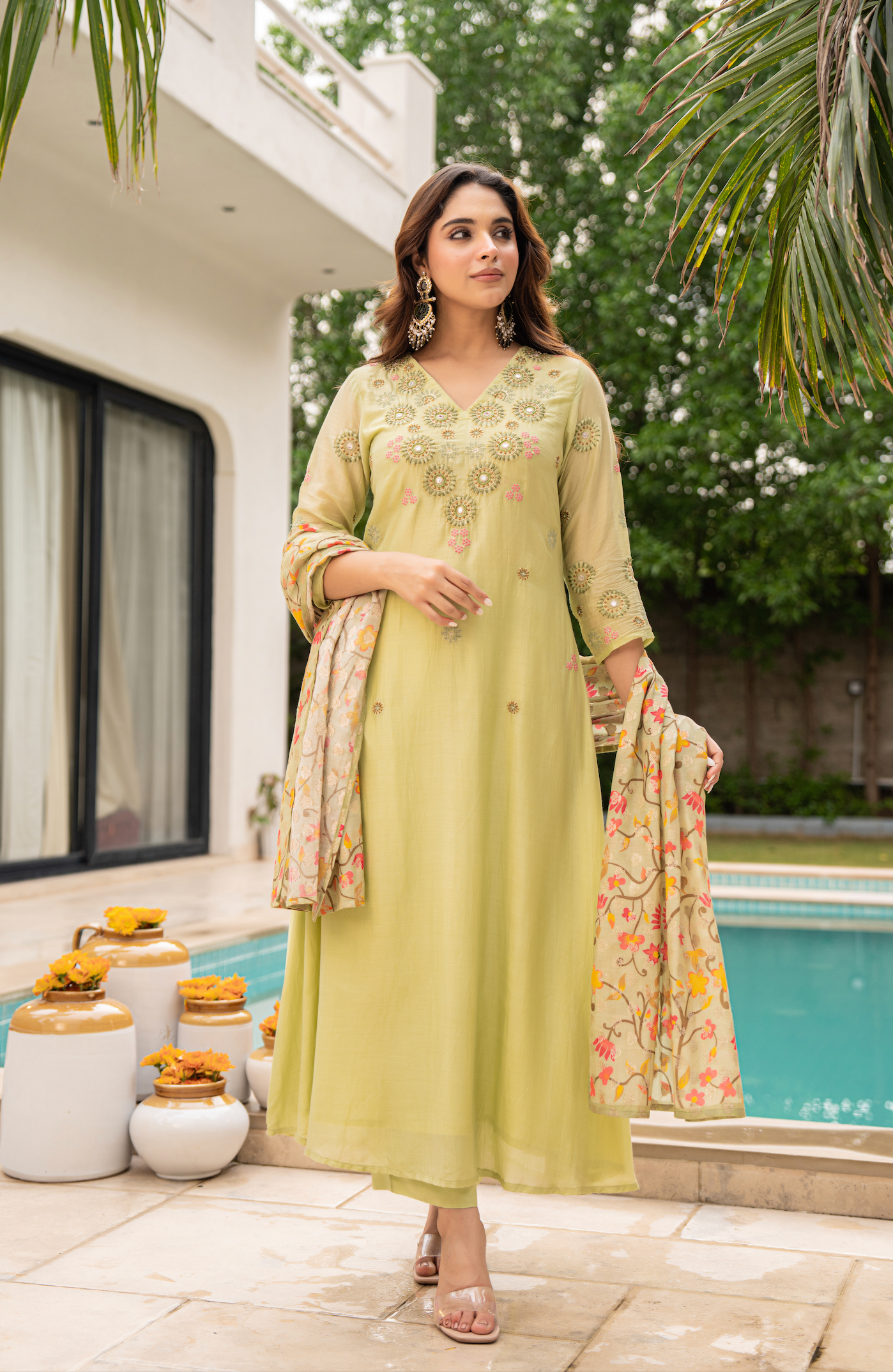 Lime Aura Sunsilk Embroidered Suit Set