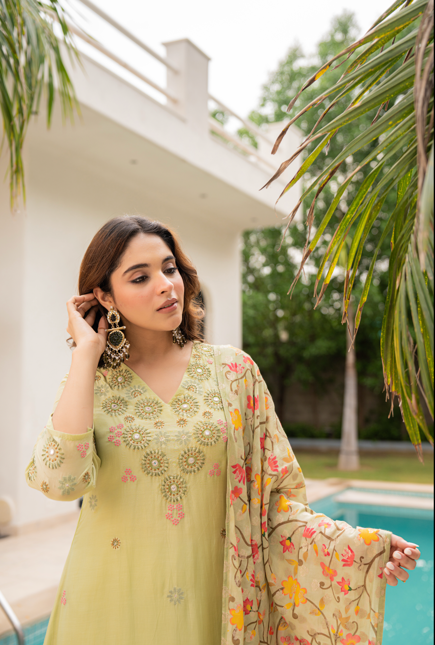 Lime Aura Sunsilk Embroidered Suit Set