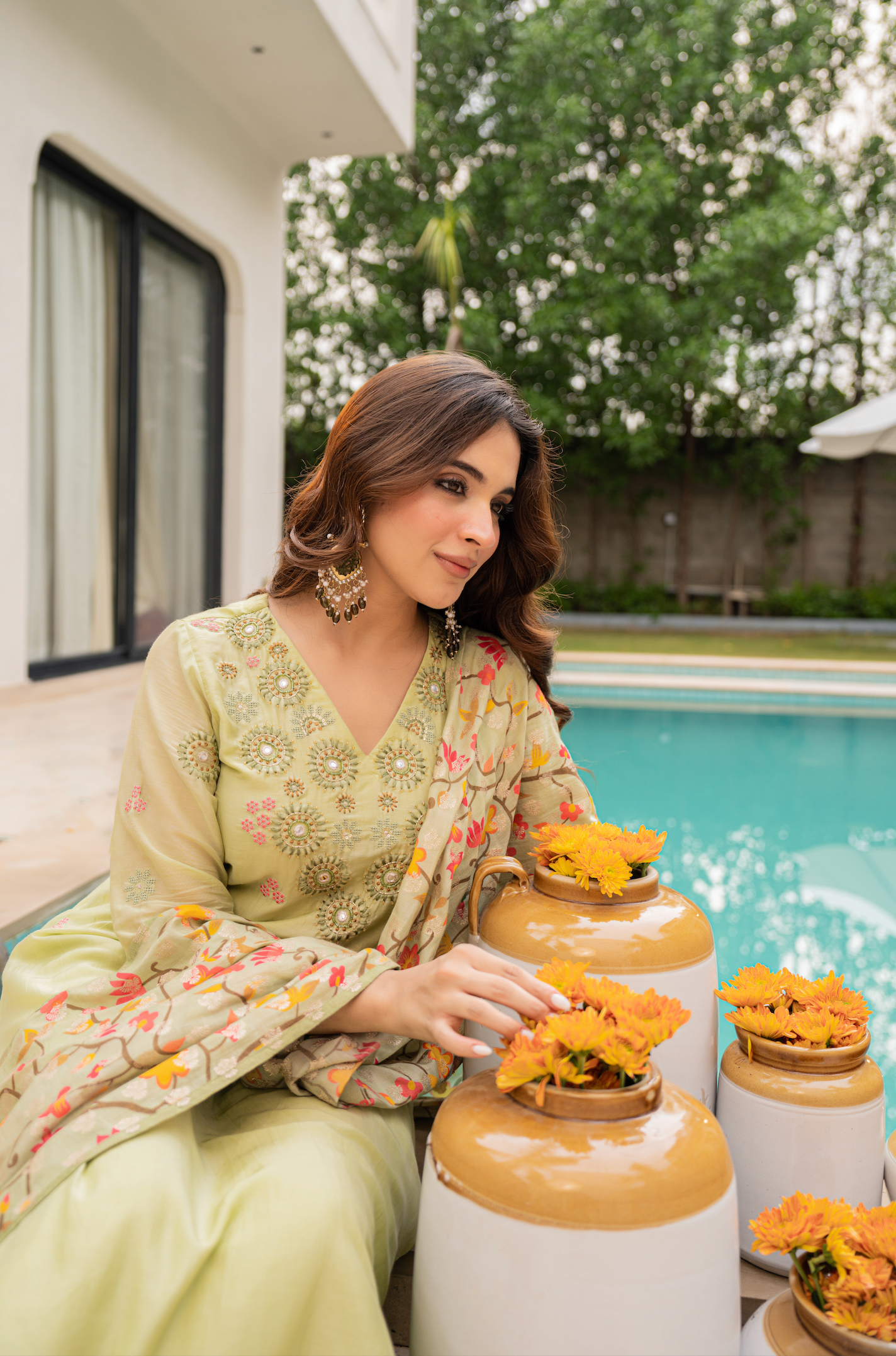 Lime Aura Sunsilk Embroidered Suit Set