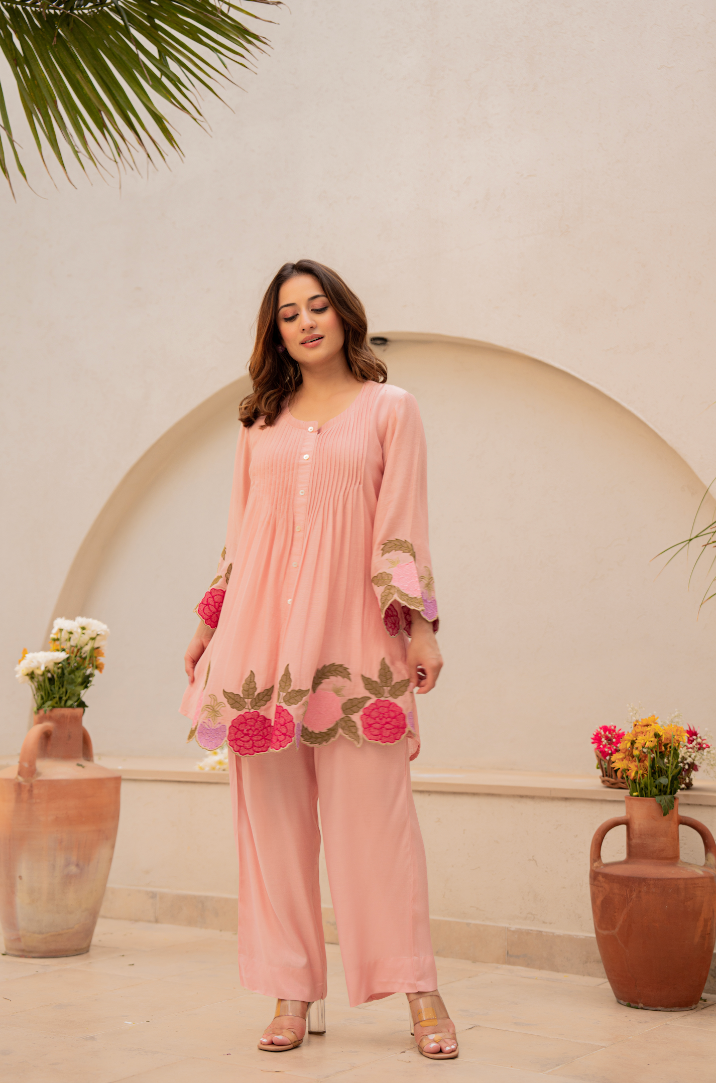 Peach Bloom Mul Chanderi Set