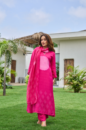 Fuchsia Muslin Printed Suit Set