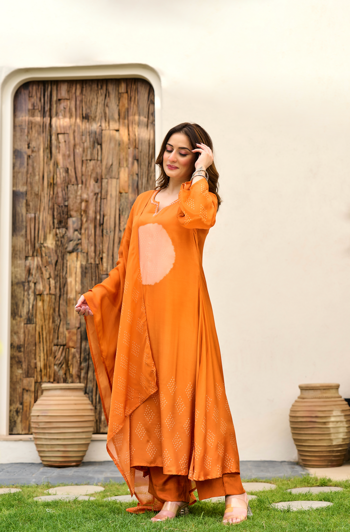 Rust Orange Printed Muslin Suit Set