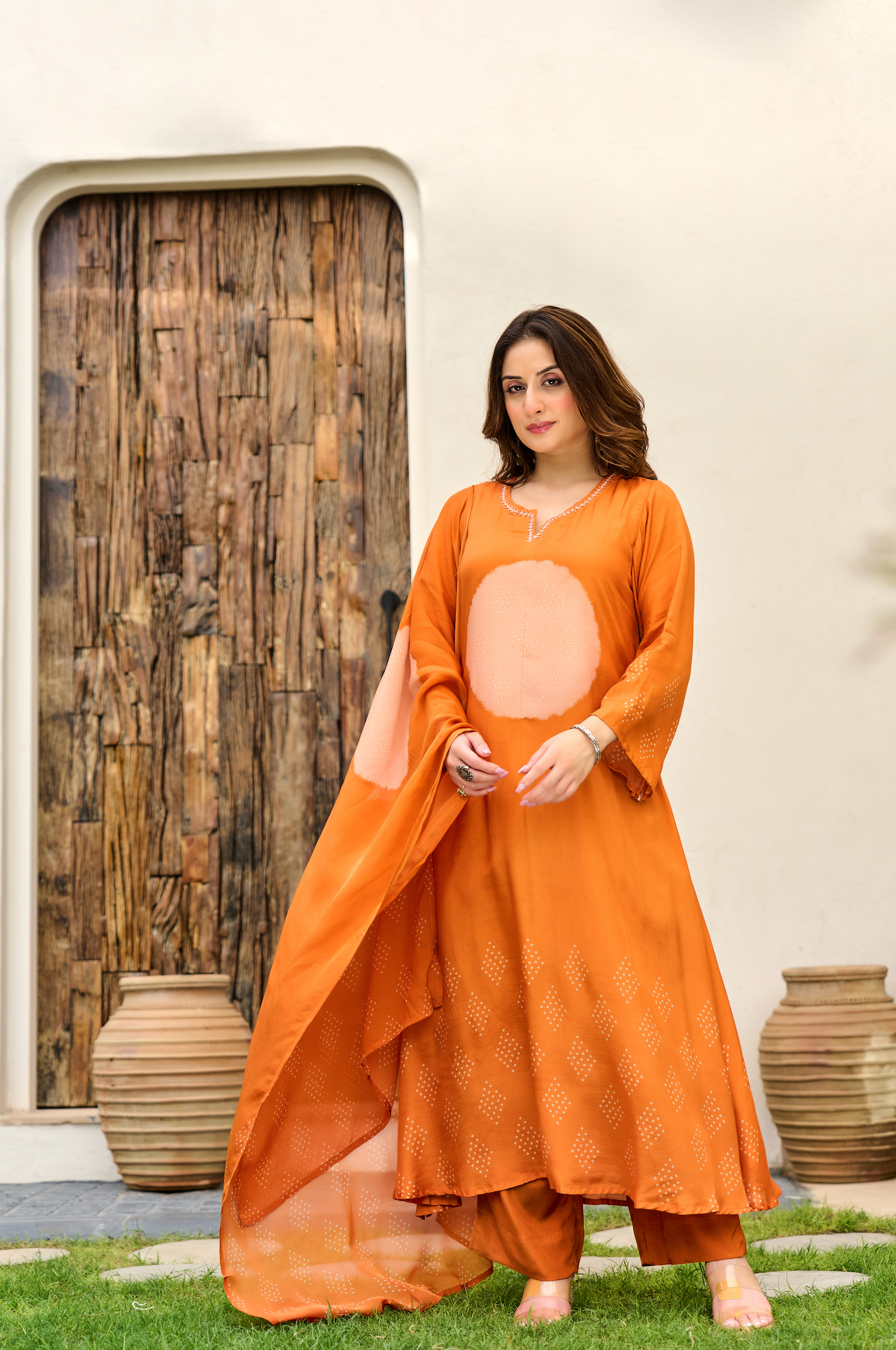 Rust Orange Printed Muslin Suit Set