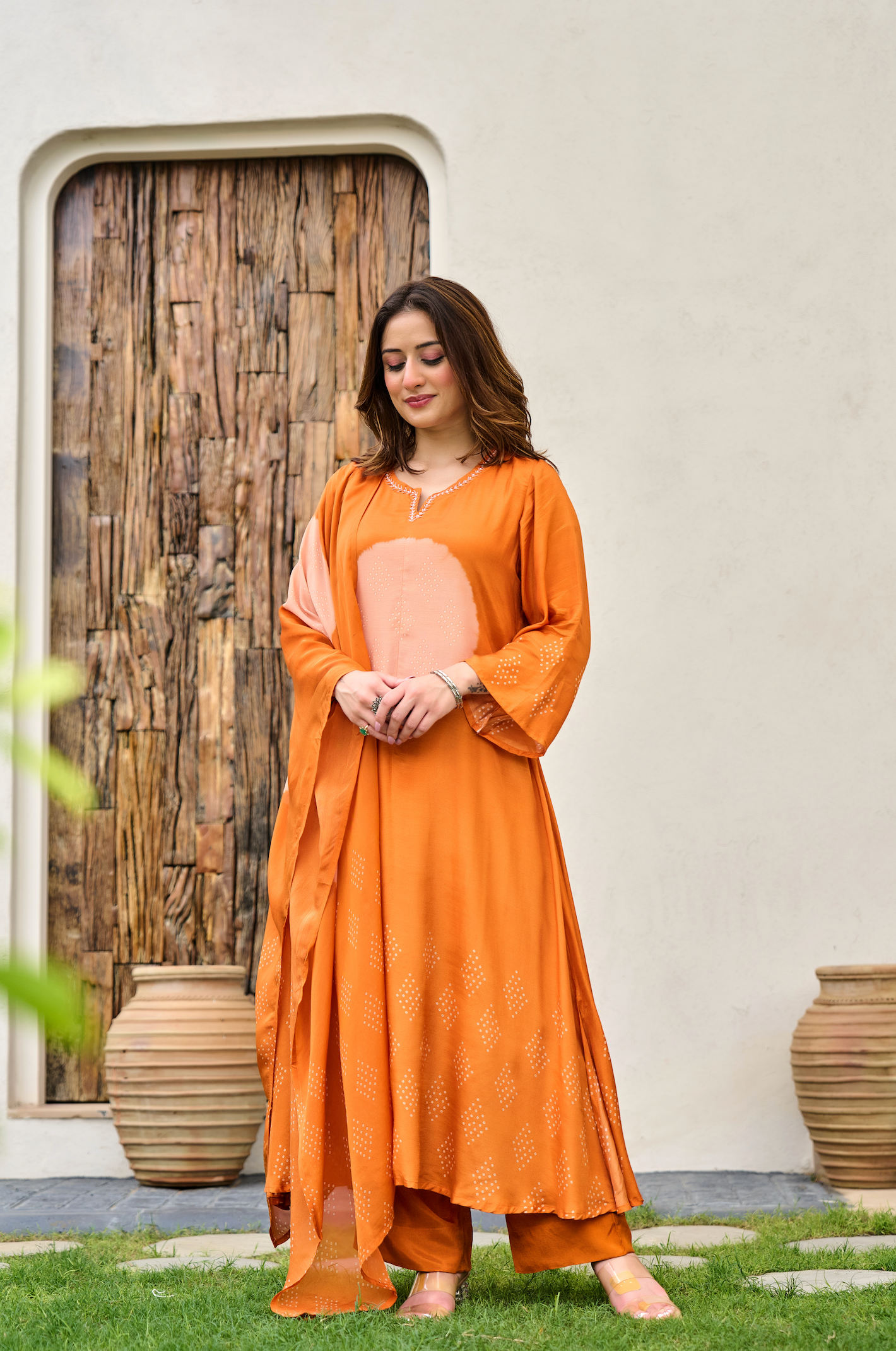 Rust Orange Printed Muslin Suit Set