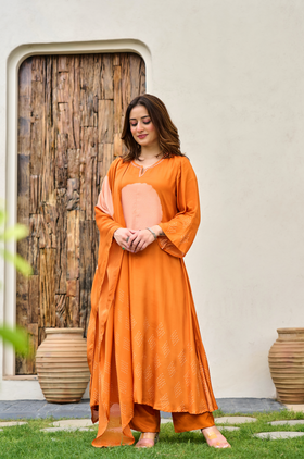 Rust Orange Printed Muslin Suit Set