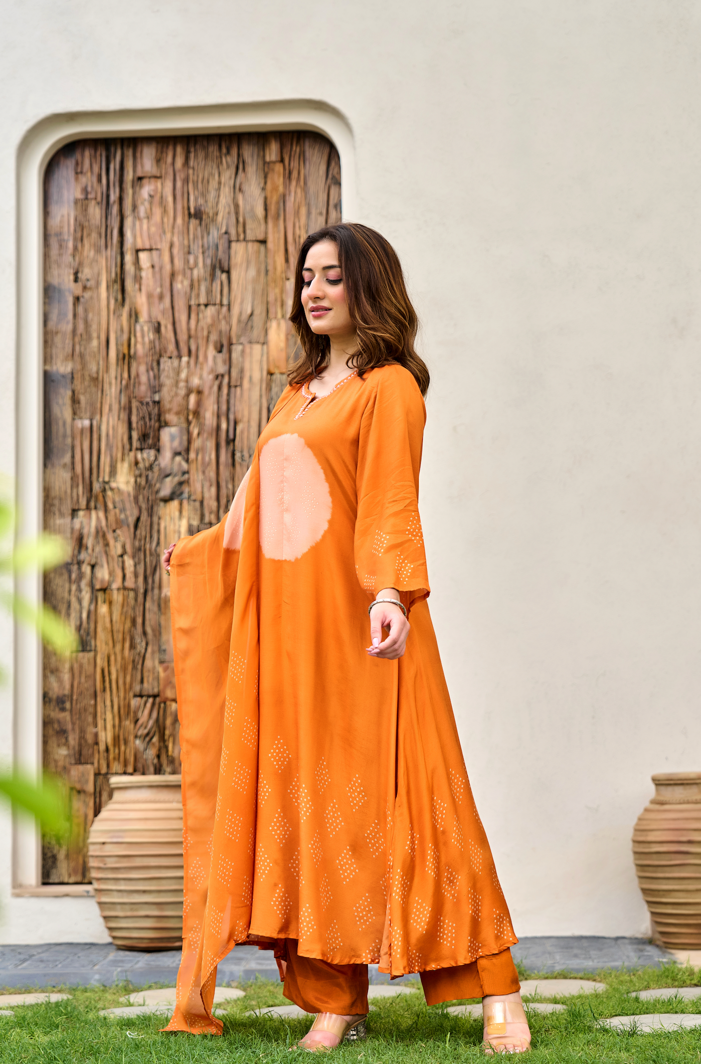 Rust Orange Printed Muslin Suit Set