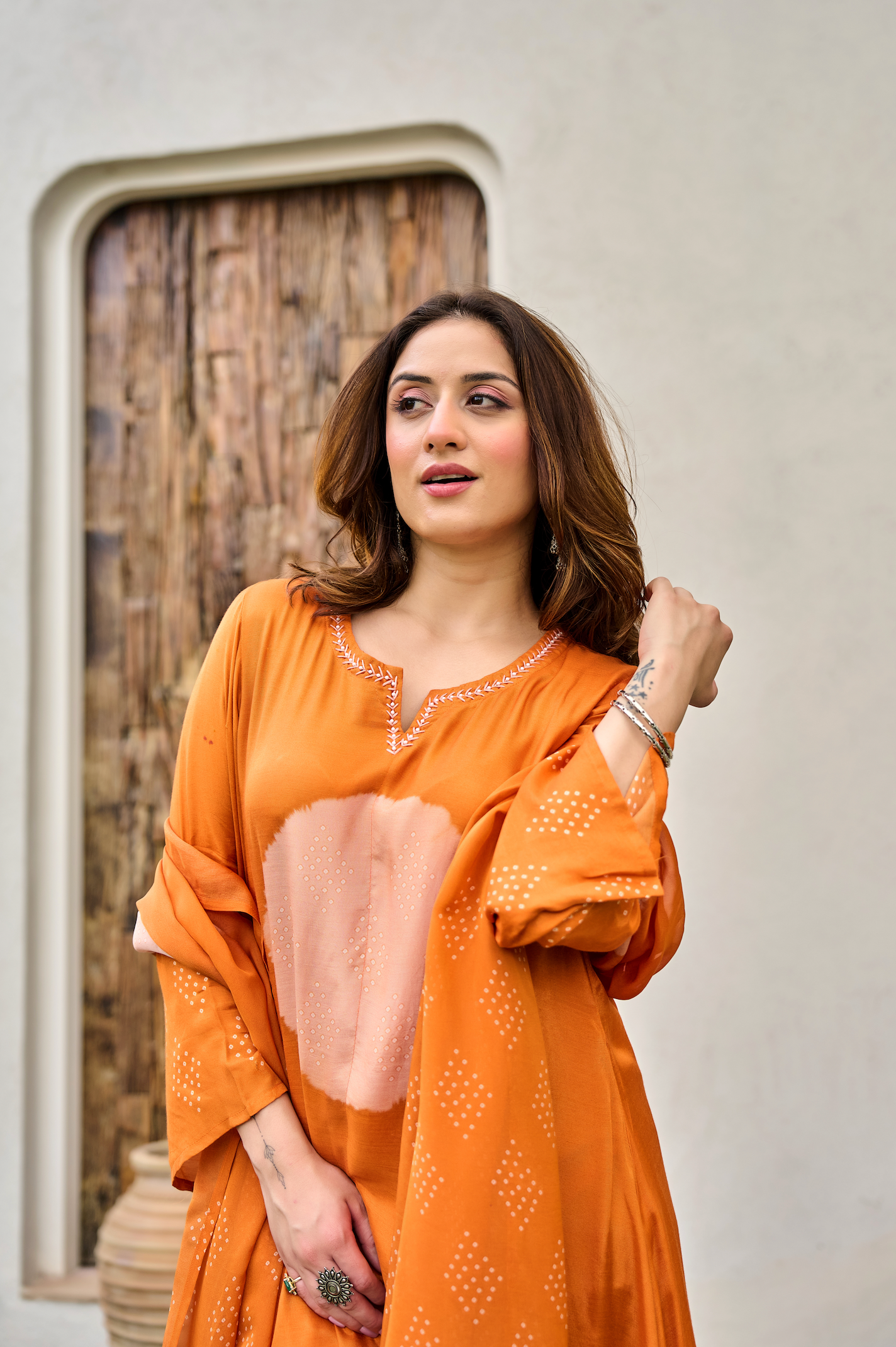 Rust Orange Printed Muslin Suit Set
