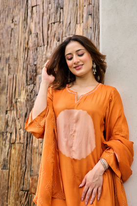 Rust Orange Printed Muslin Suit Set