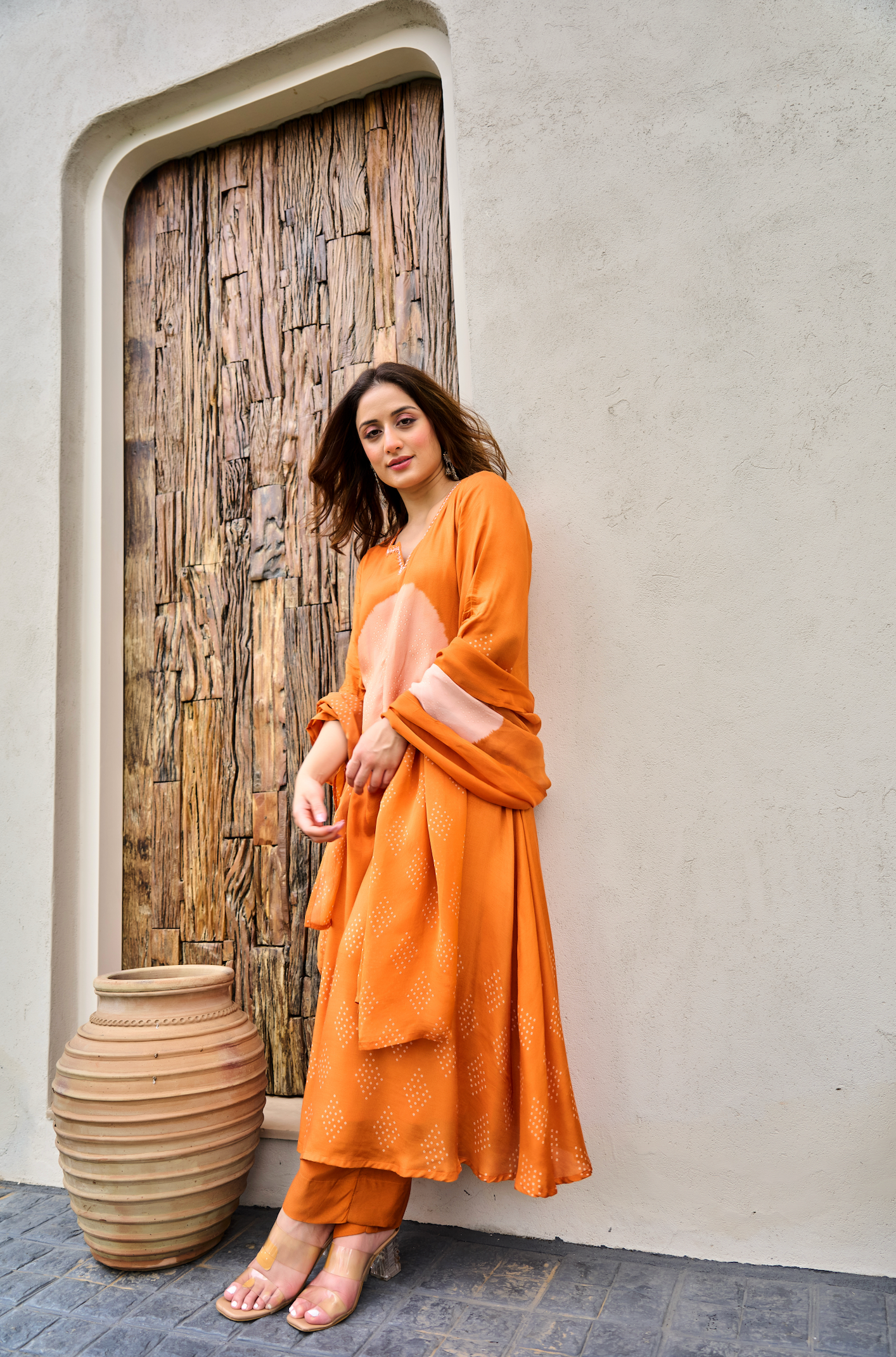 Rust Orange Printed Muslin Suit Set