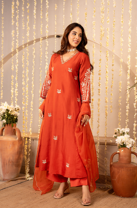Tangerine Glow Silk Suit Set
