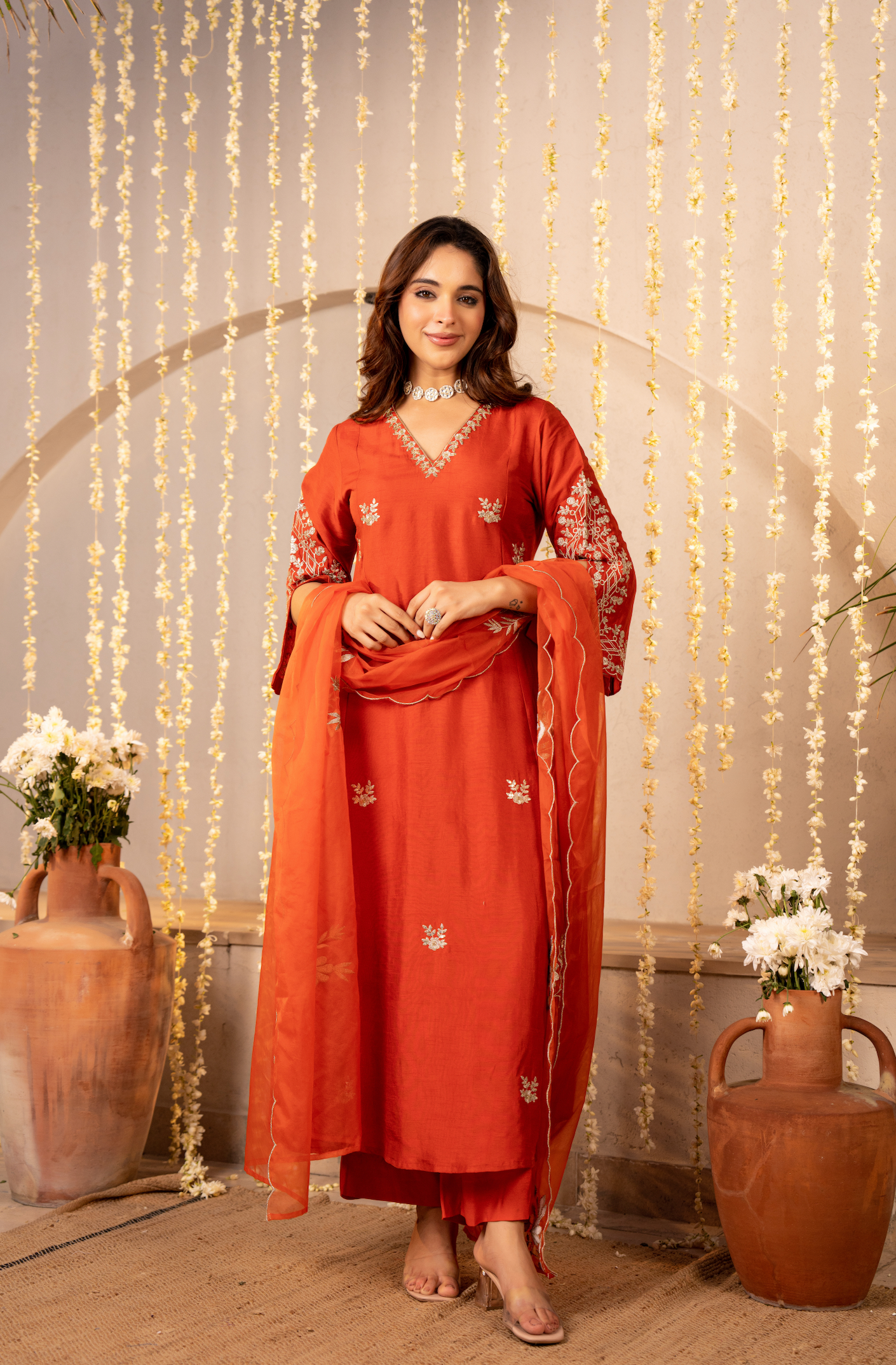 Tangerine Glow Silk Suit Set