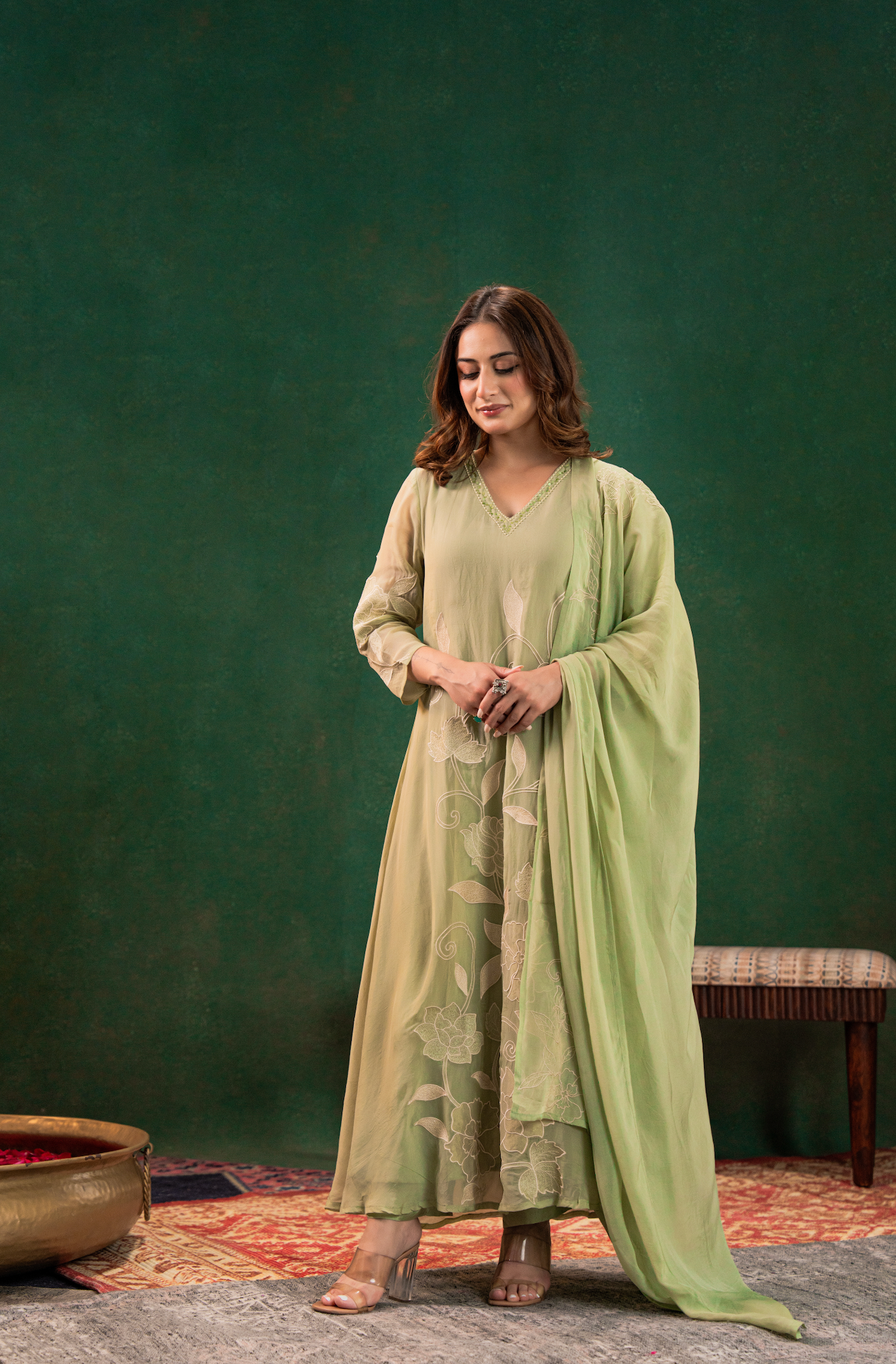 Pistachio Pearl Silk Suit Set