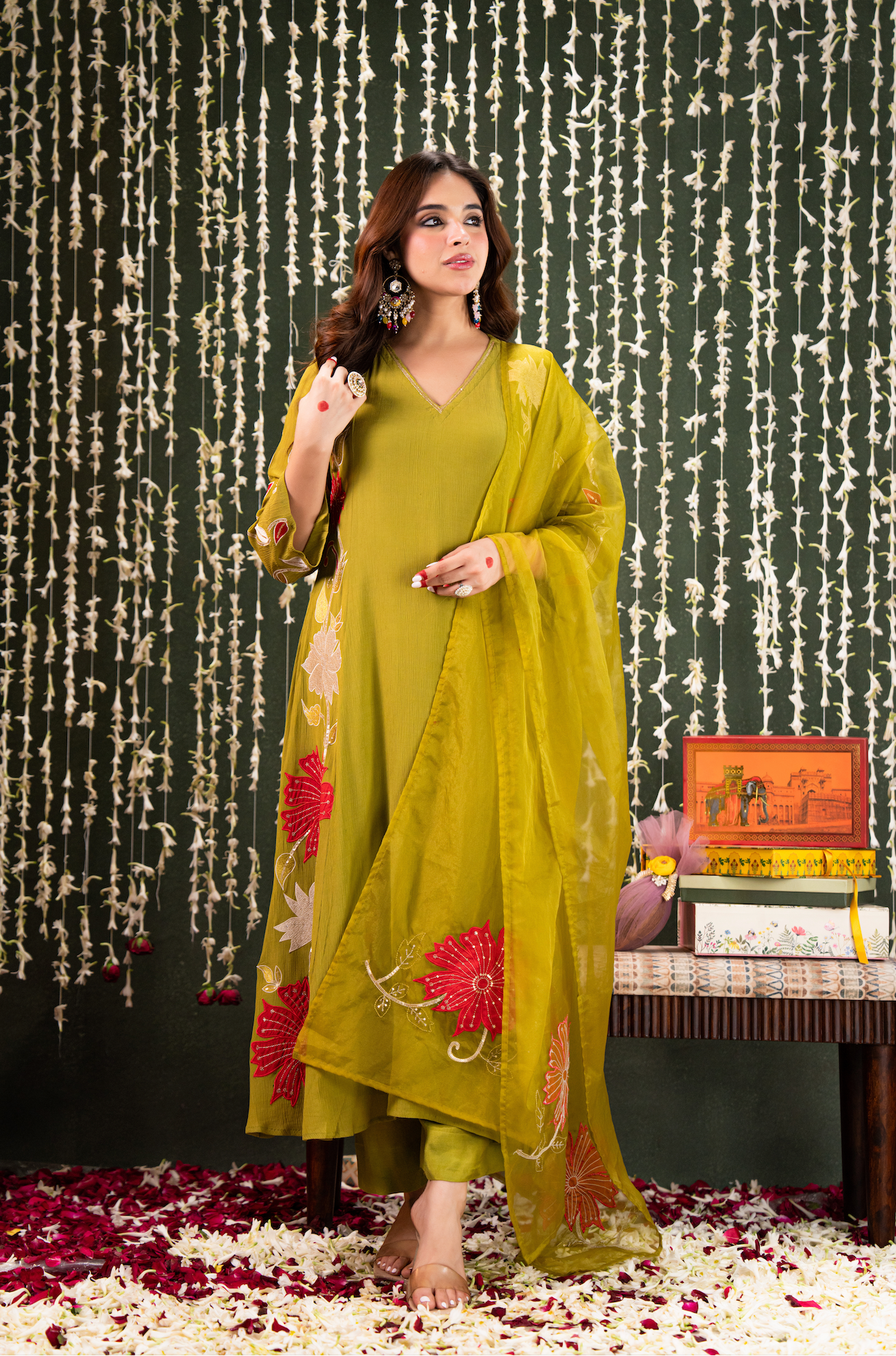 Olive Aura Crush Chanderi Suit Set
