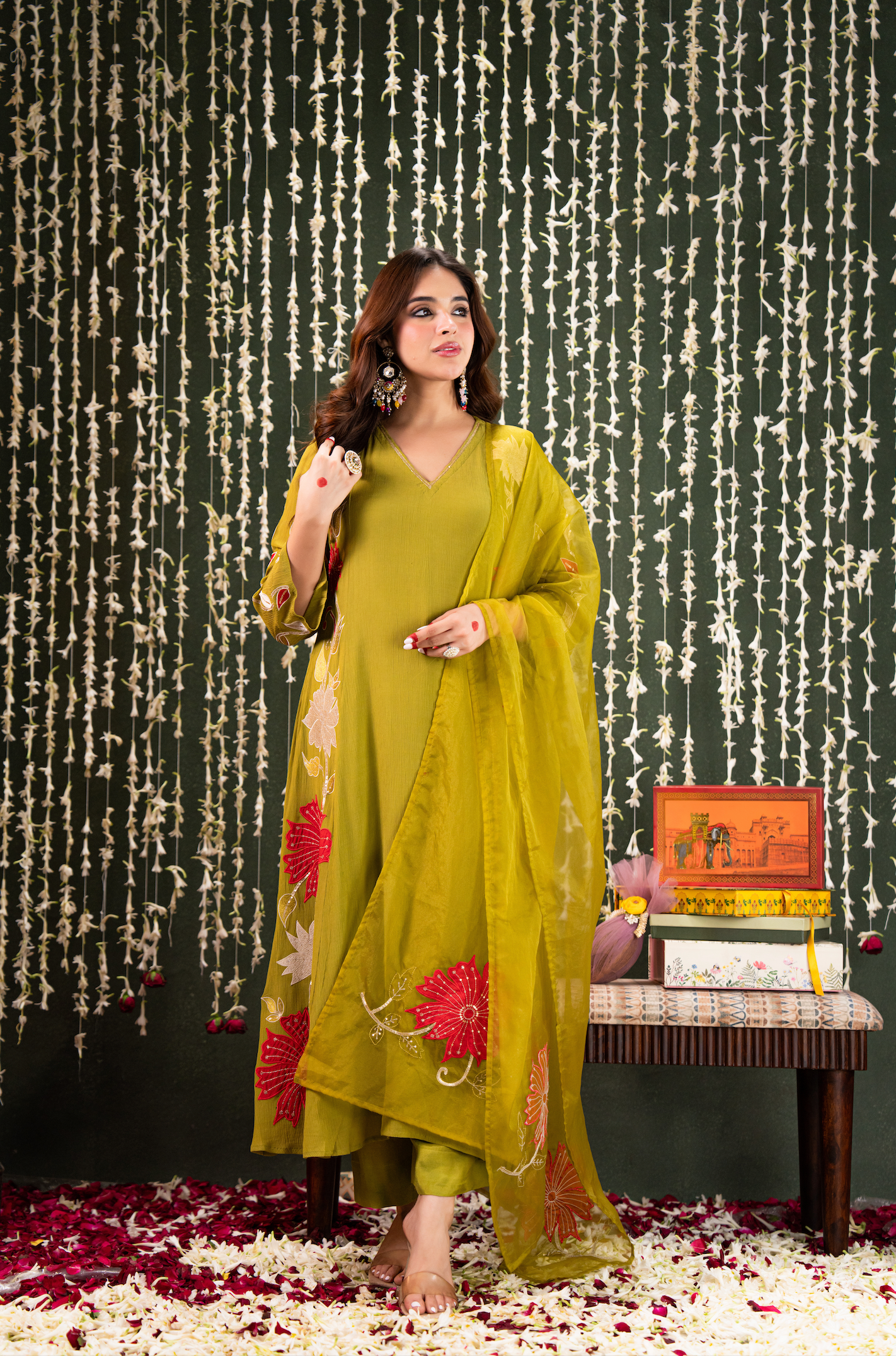 Olive Aura Crush Chanderi Suit Set