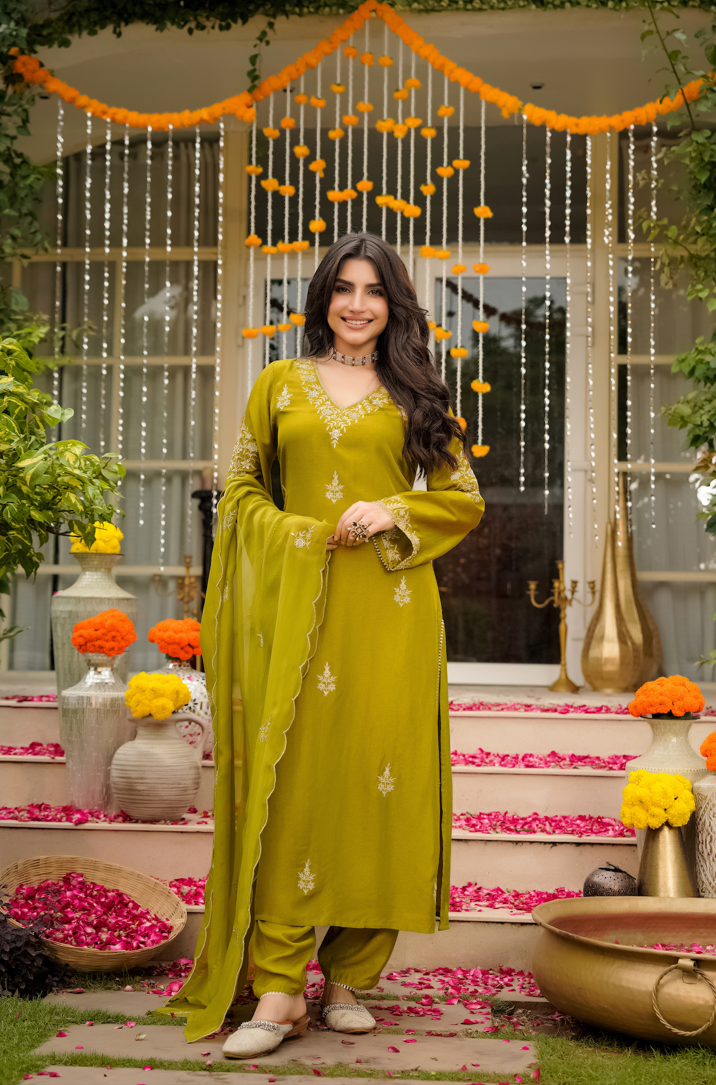 Olive Bloom Pure Russian Silk Suit Set