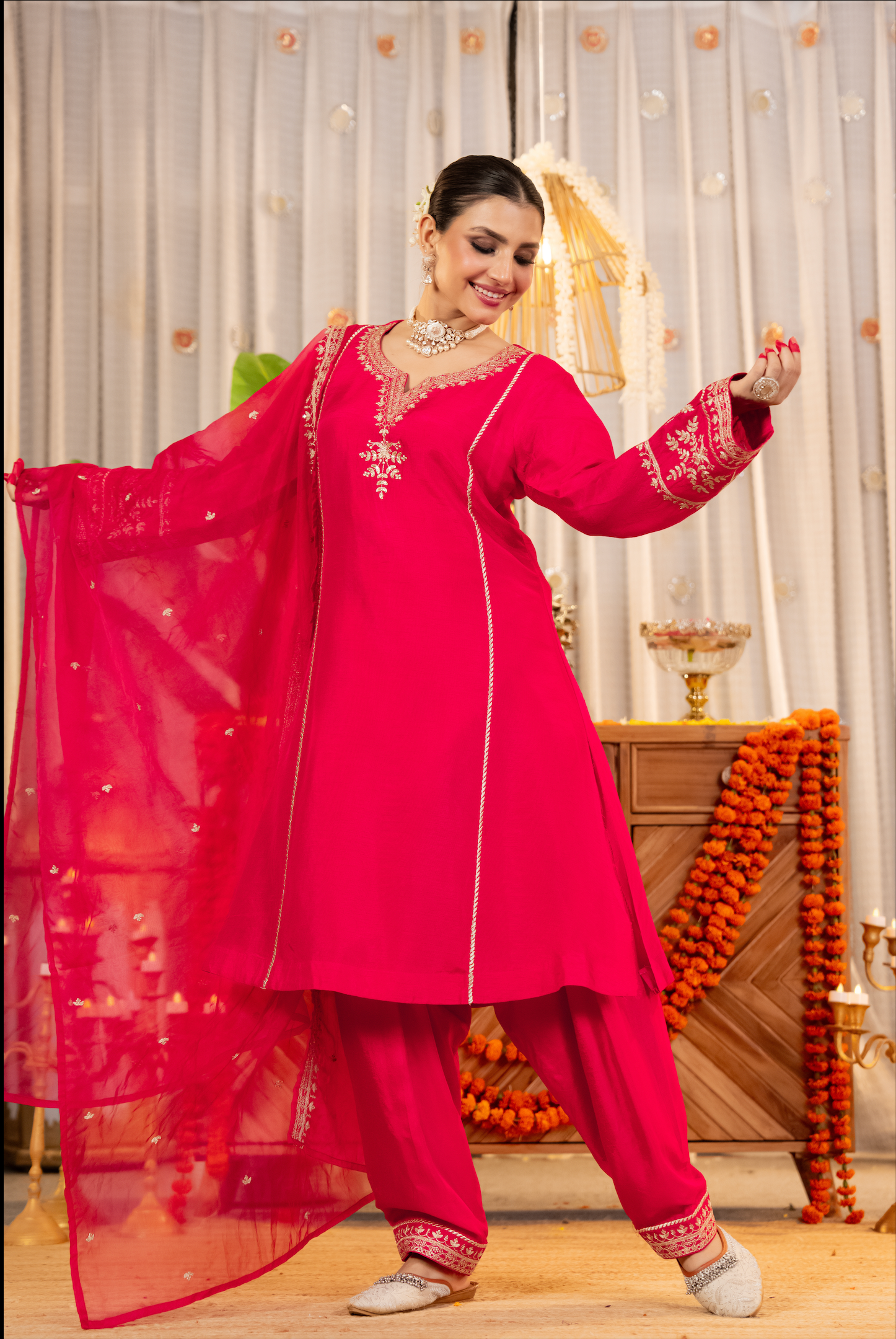 Crimson Glow Dola Silk Suit Set