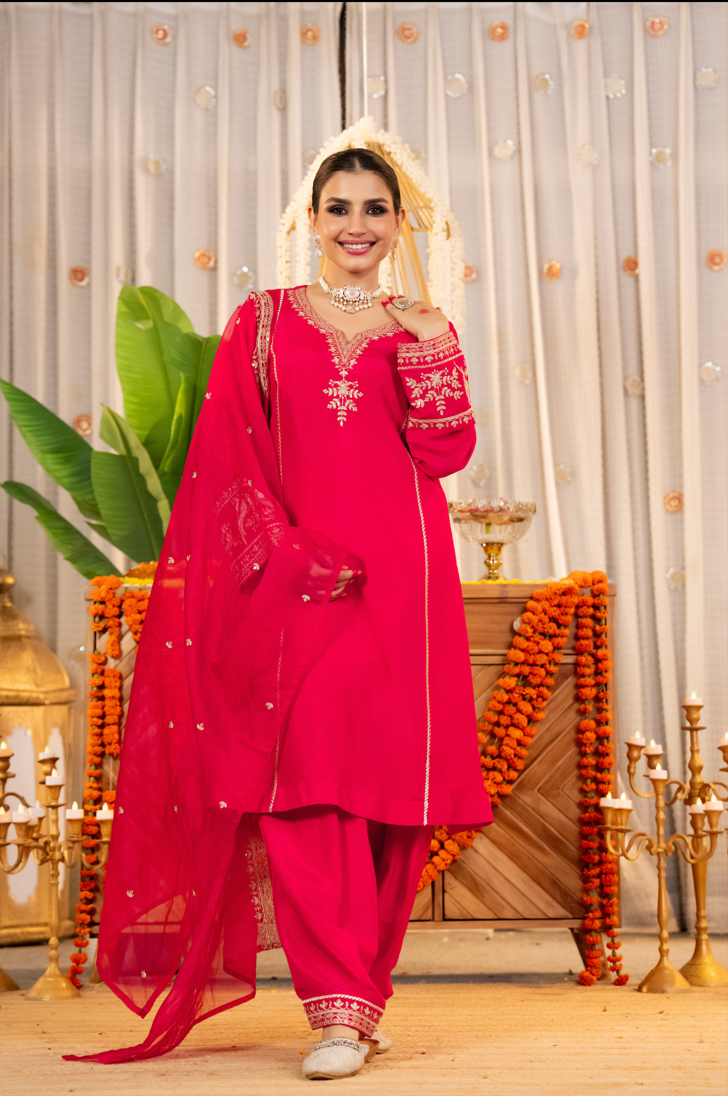 Crimson Glow Dola Silk Suit Set