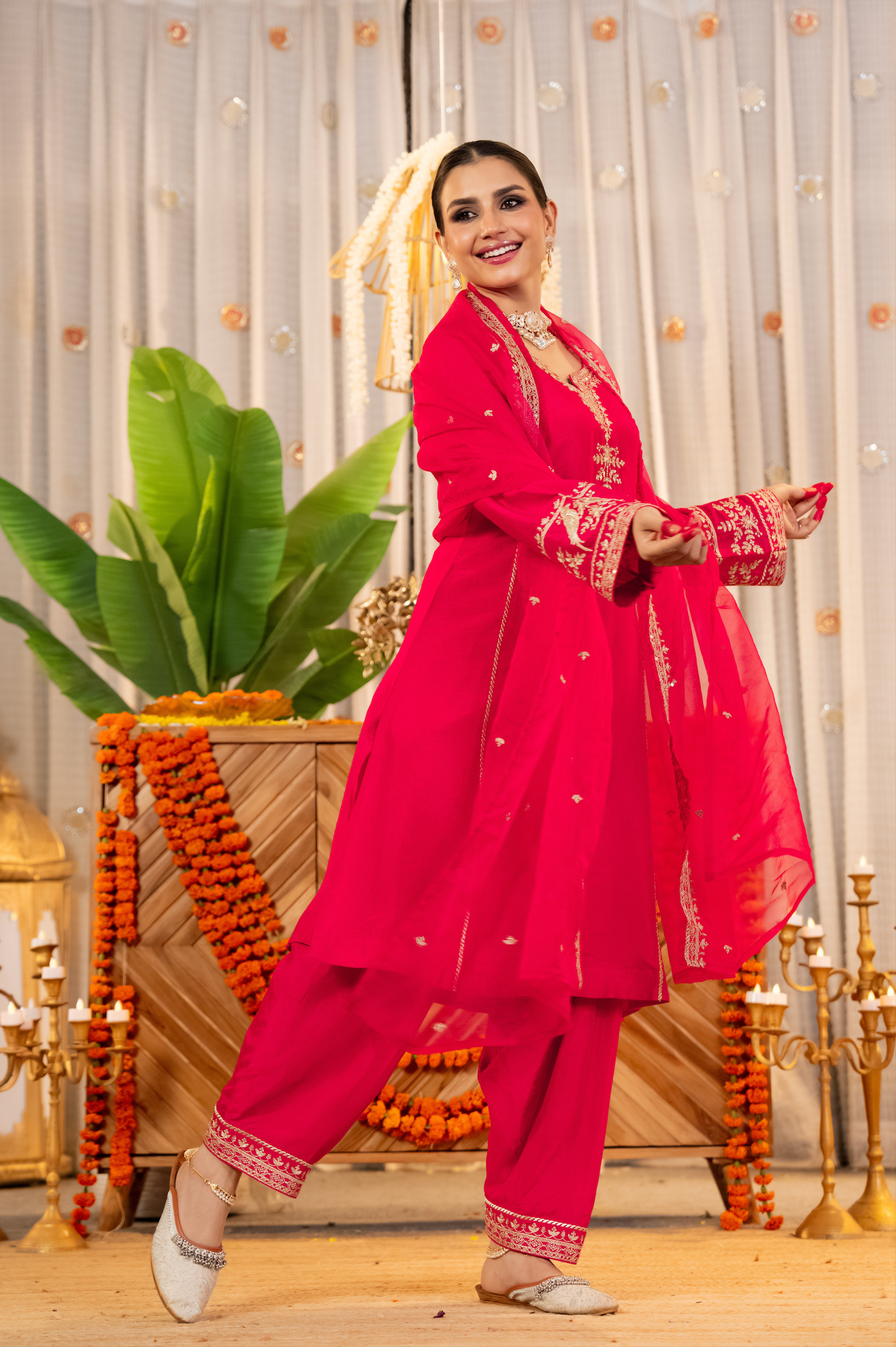Crimson Glow Dola Silk Suit Set