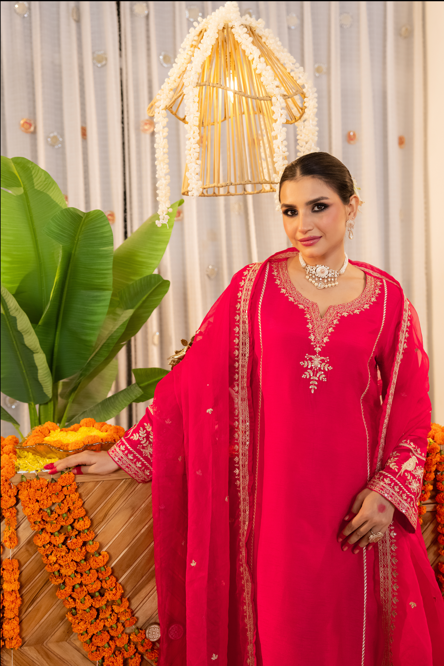 Crimson Glow Dola Silk Suit Set