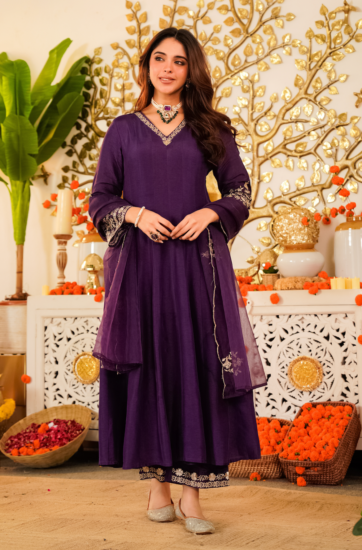 Amethyst Aura Russian Silk Suit Set - View 2 - Ethnic Wear by Aykaa