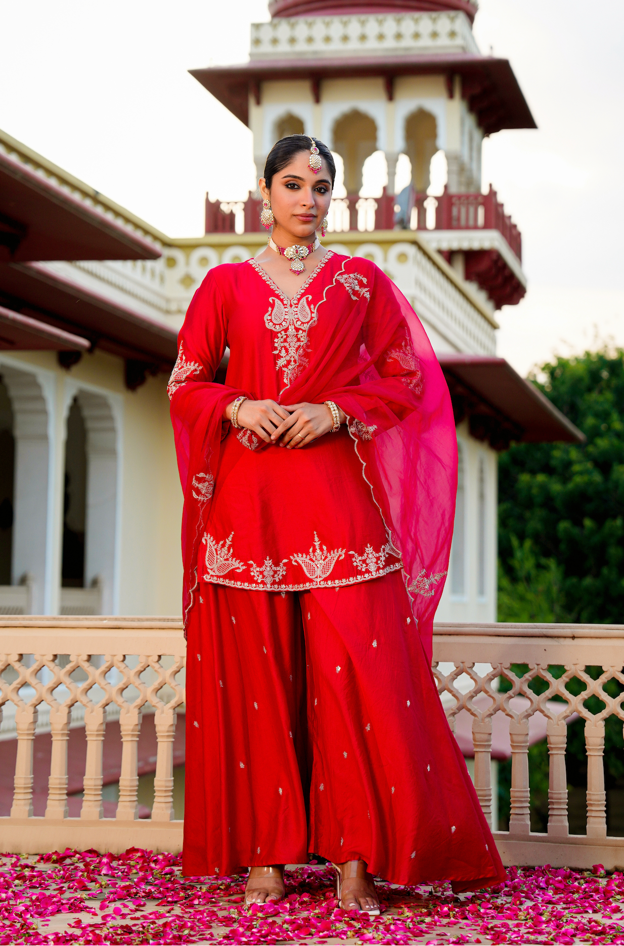 Karwa Crimson Satoori Silk Garara Suit Set