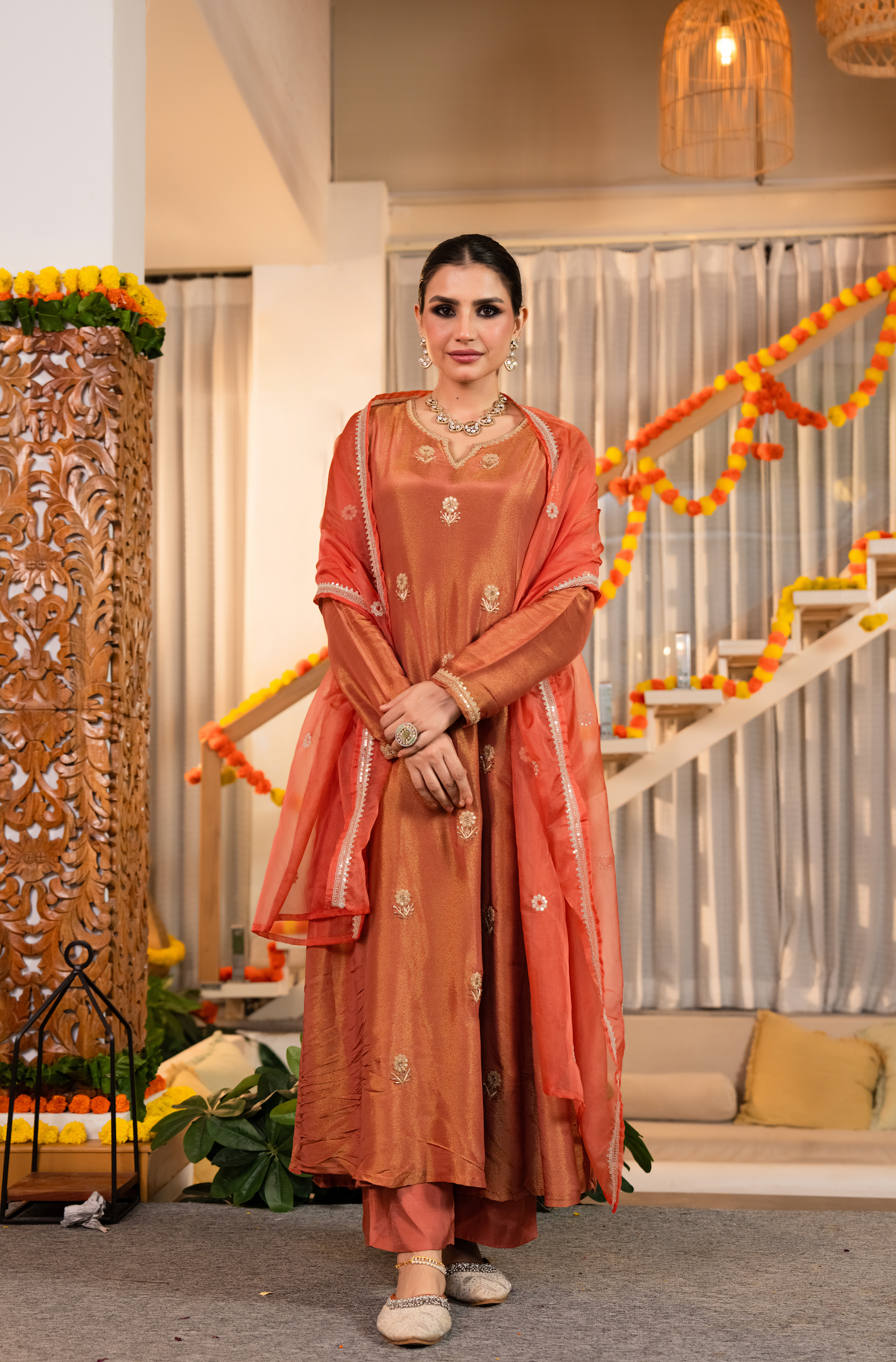 Warm Coral-Peach Nazakat Tissue Suit Set