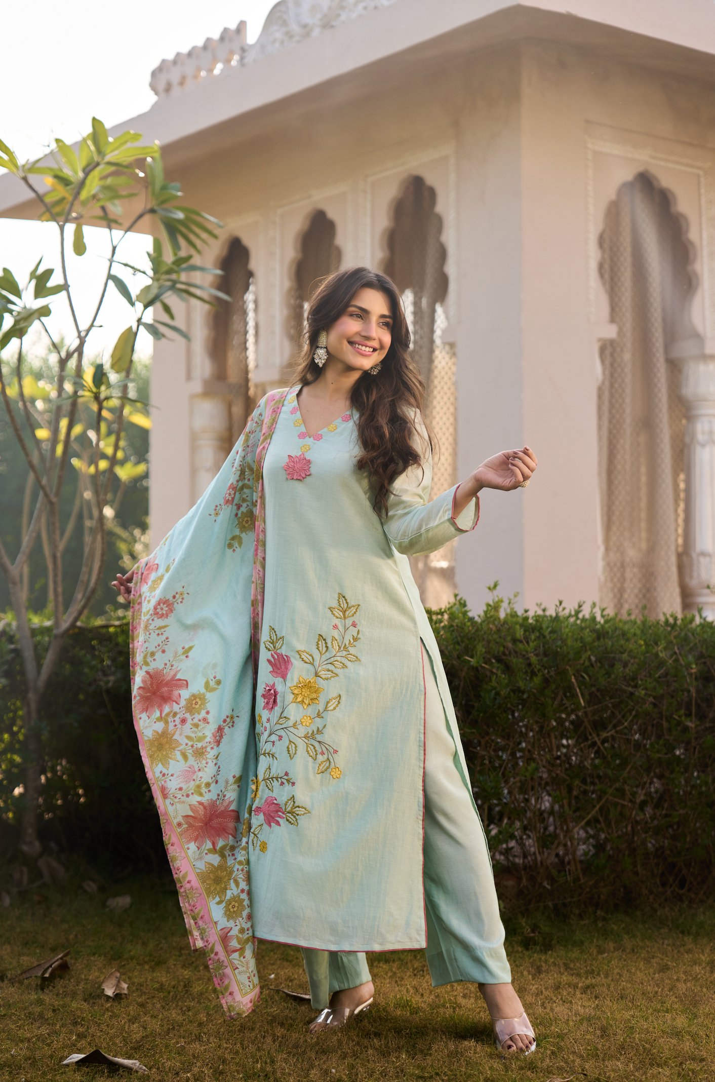 Mint Blossom Chanderi Suit Set