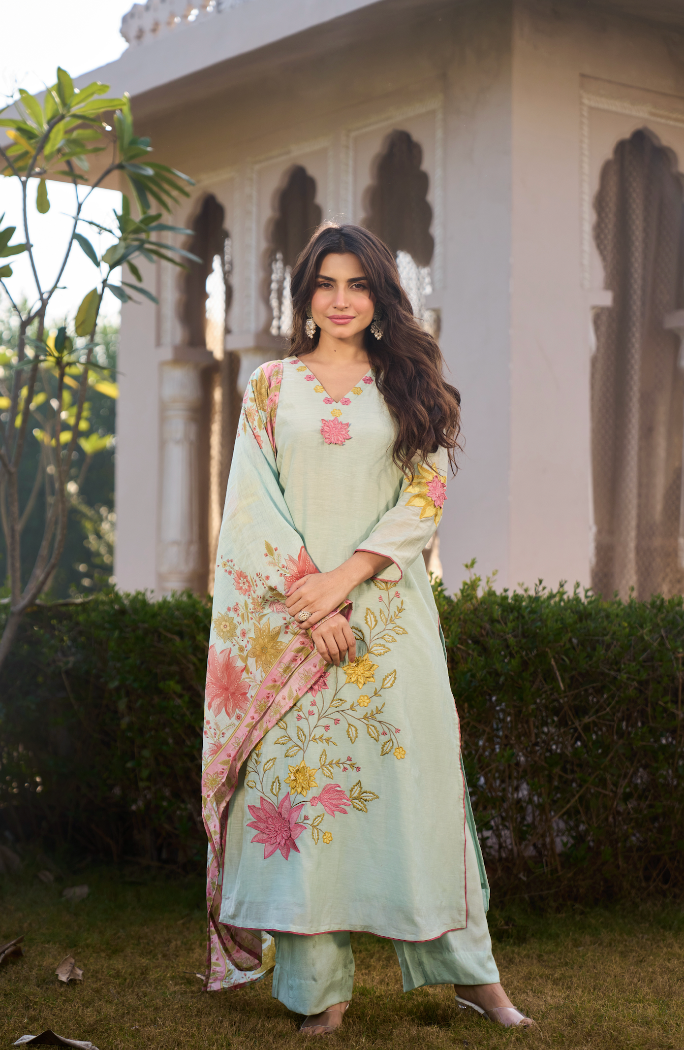 Mint Blossom Chanderi Suit Set