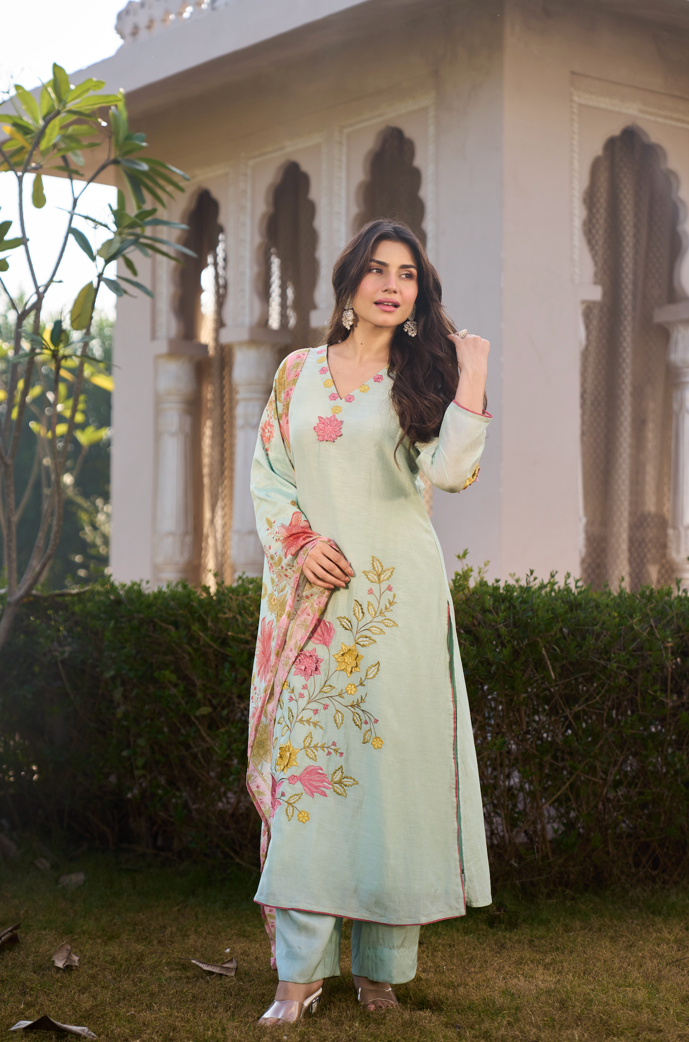 Mint Blossom Chanderi Suit Set