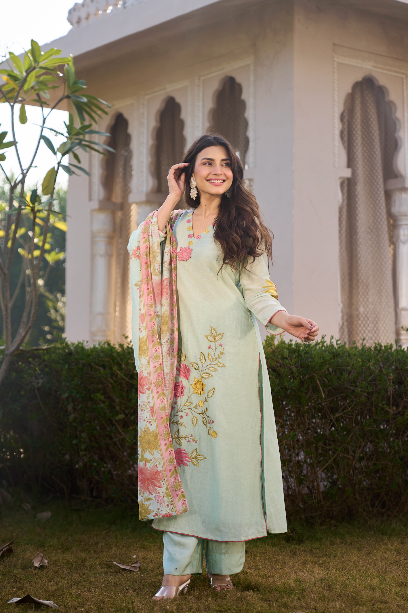 Mint Blossom Chanderi Suit Set