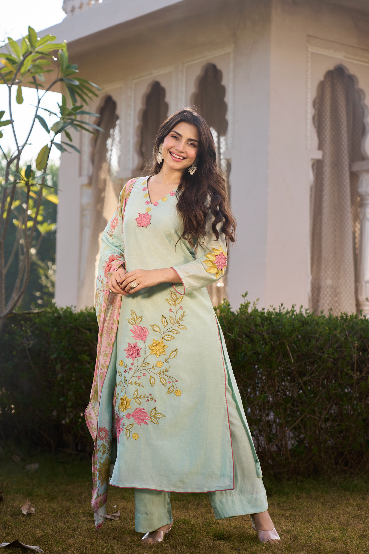 Mint Blossom Chanderi Suit Set
