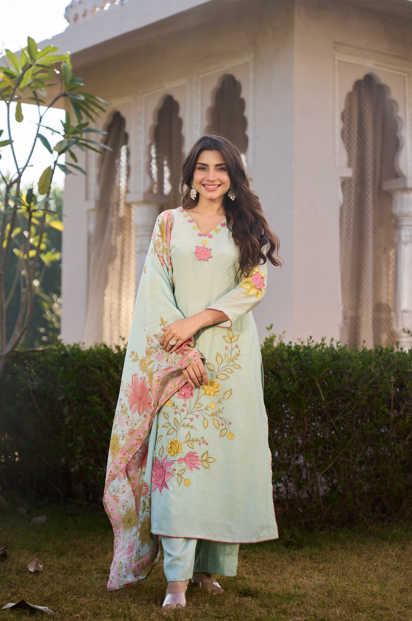 Mint Blossom Chanderi Suit Set