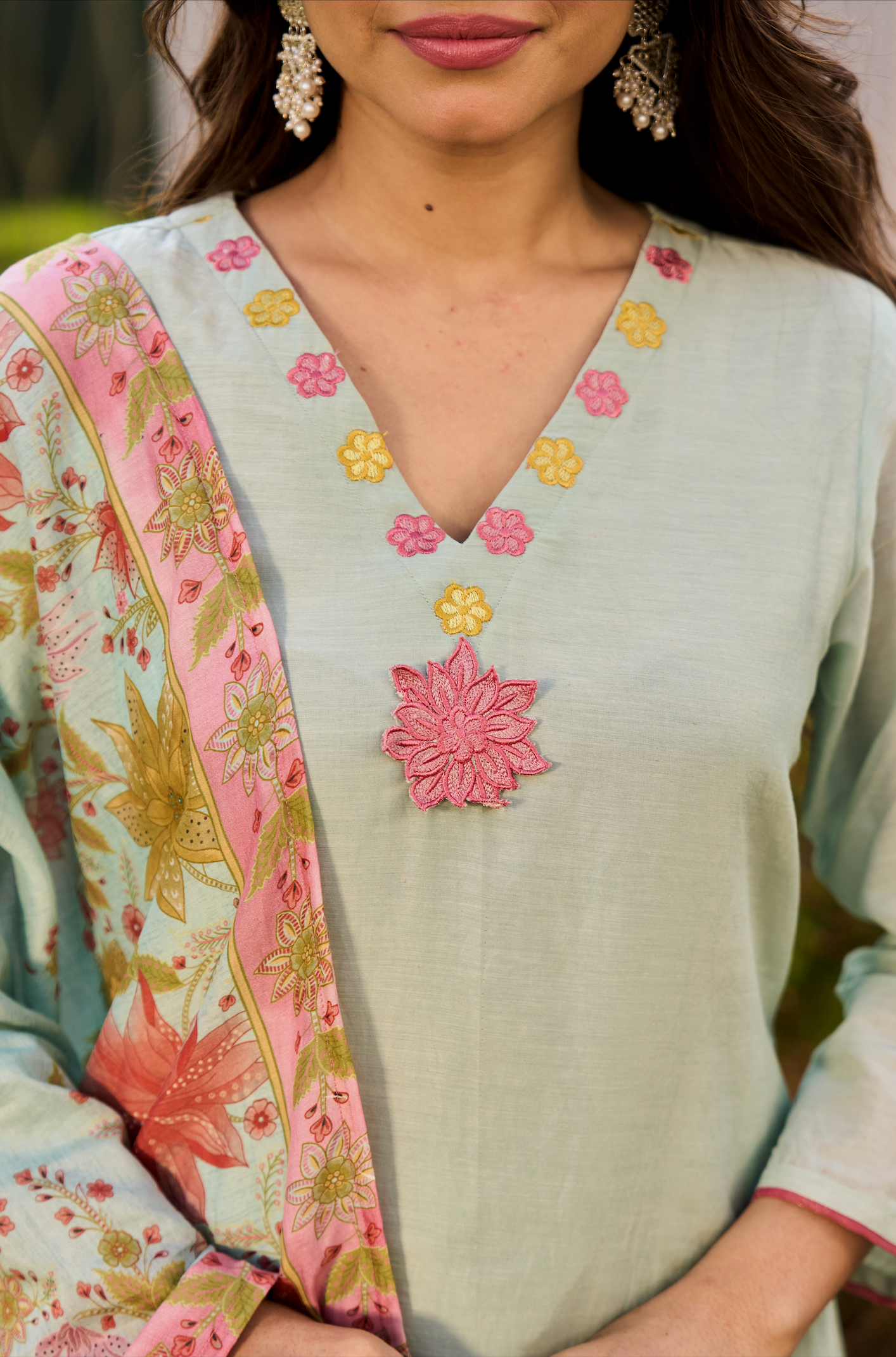 Mint Blossom Chanderi Suit Set