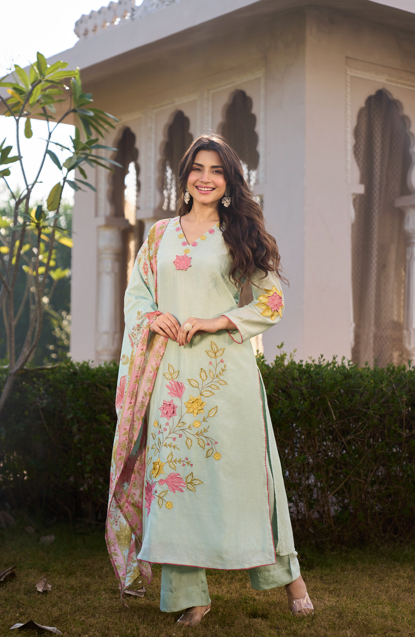 Mint Blossom Chanderi Suit Set