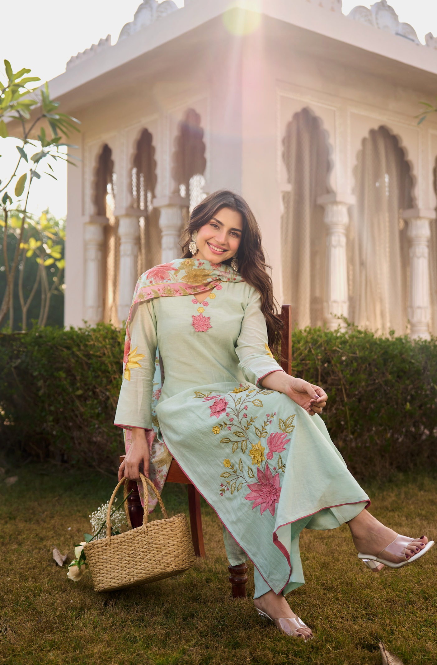 Mint Blossom Chanderi Suit Set