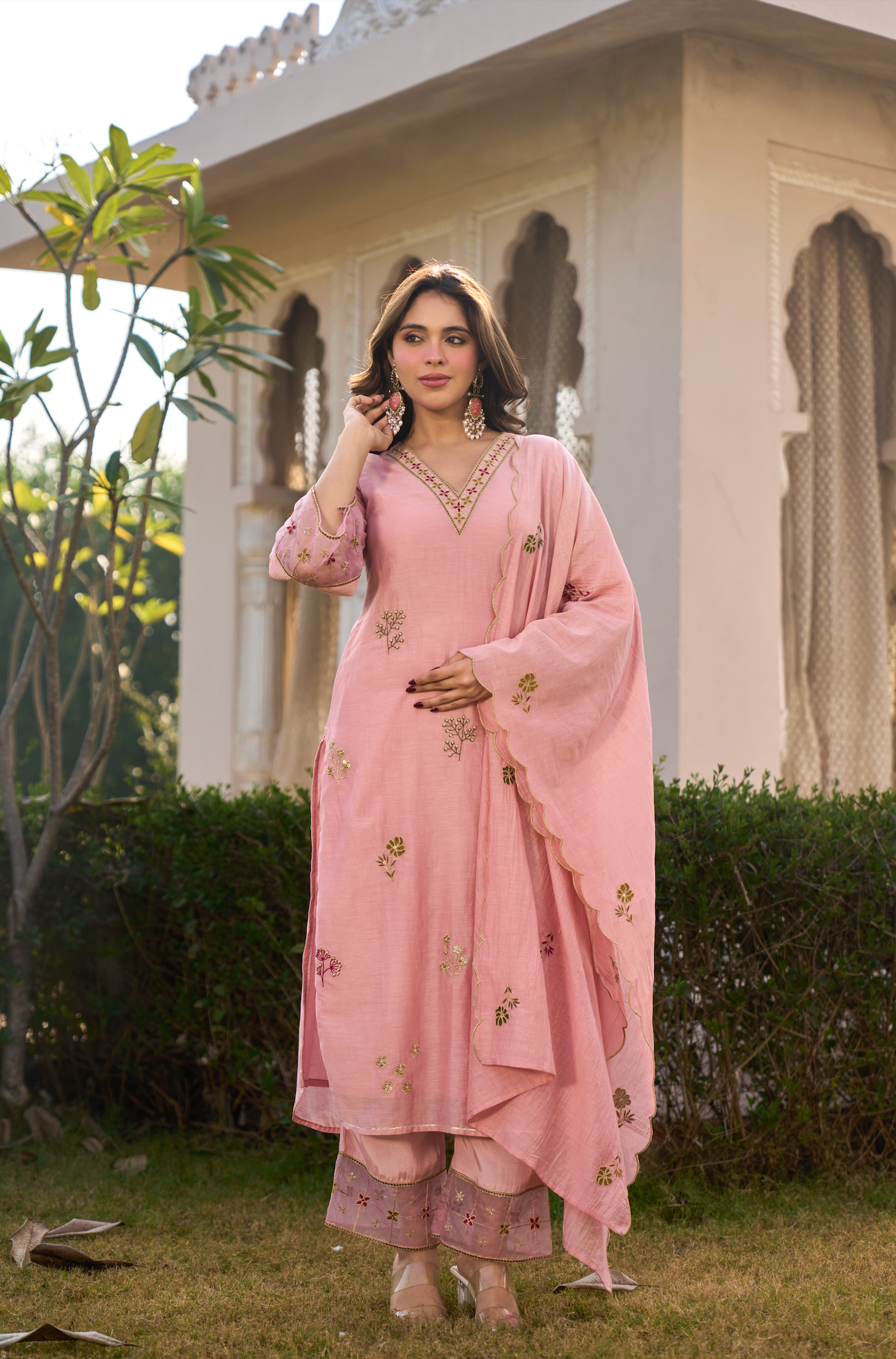 Blush Rose Chanderi Embroidered Suit Set