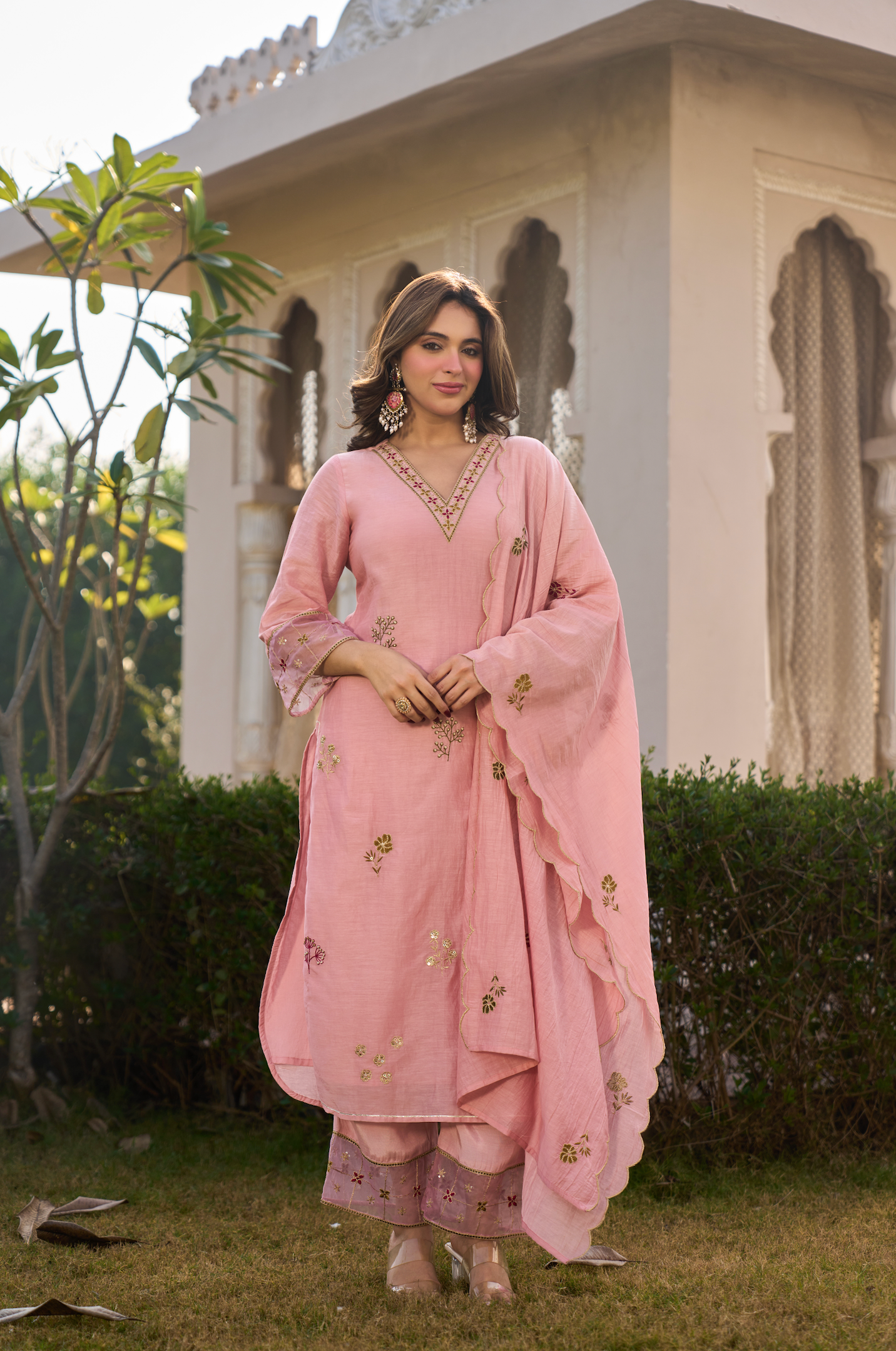 Blush Rose Chanderi Embroidered Suit Set