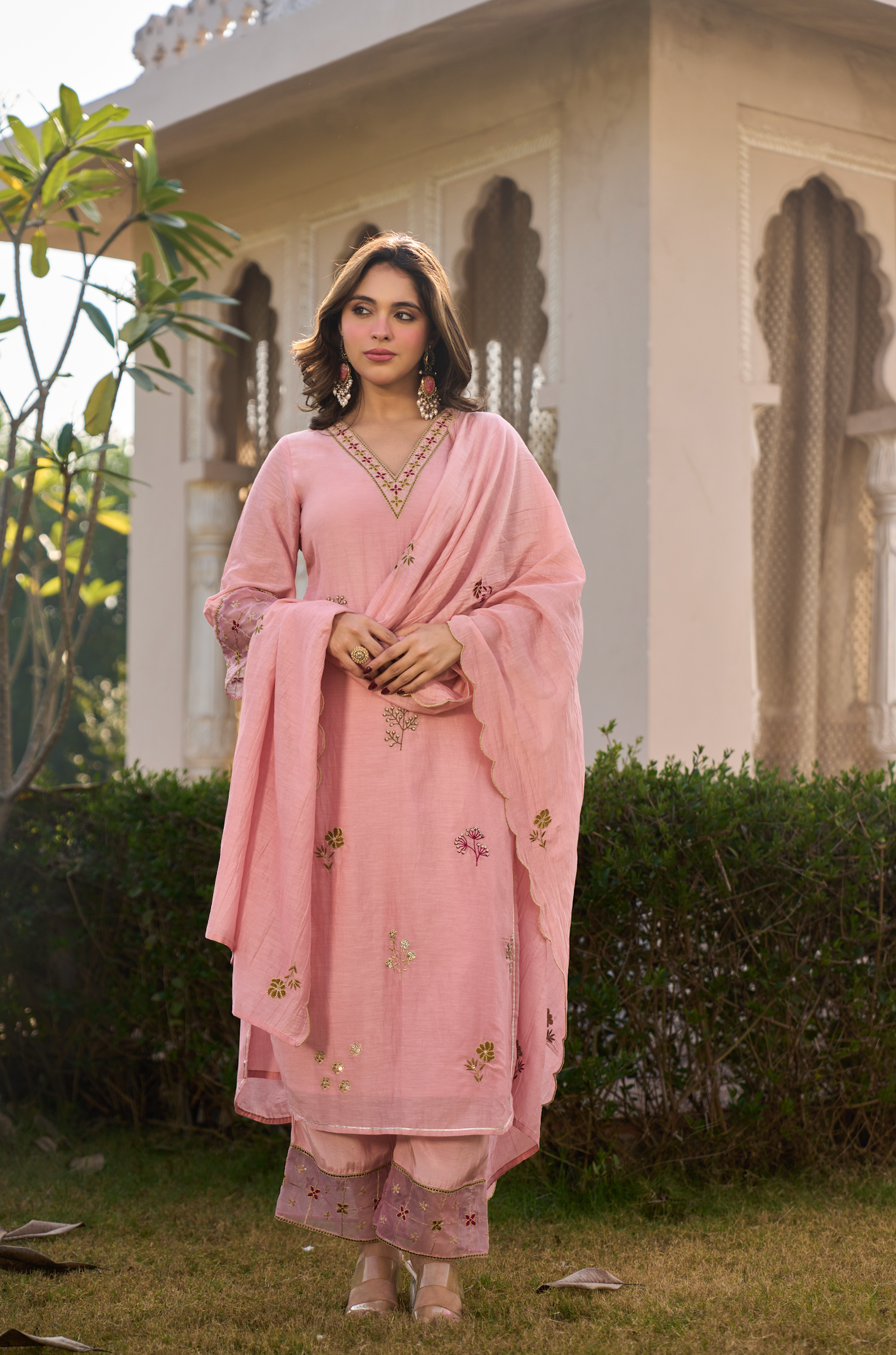 Blush Rose Chanderi Embroidered Suit Set