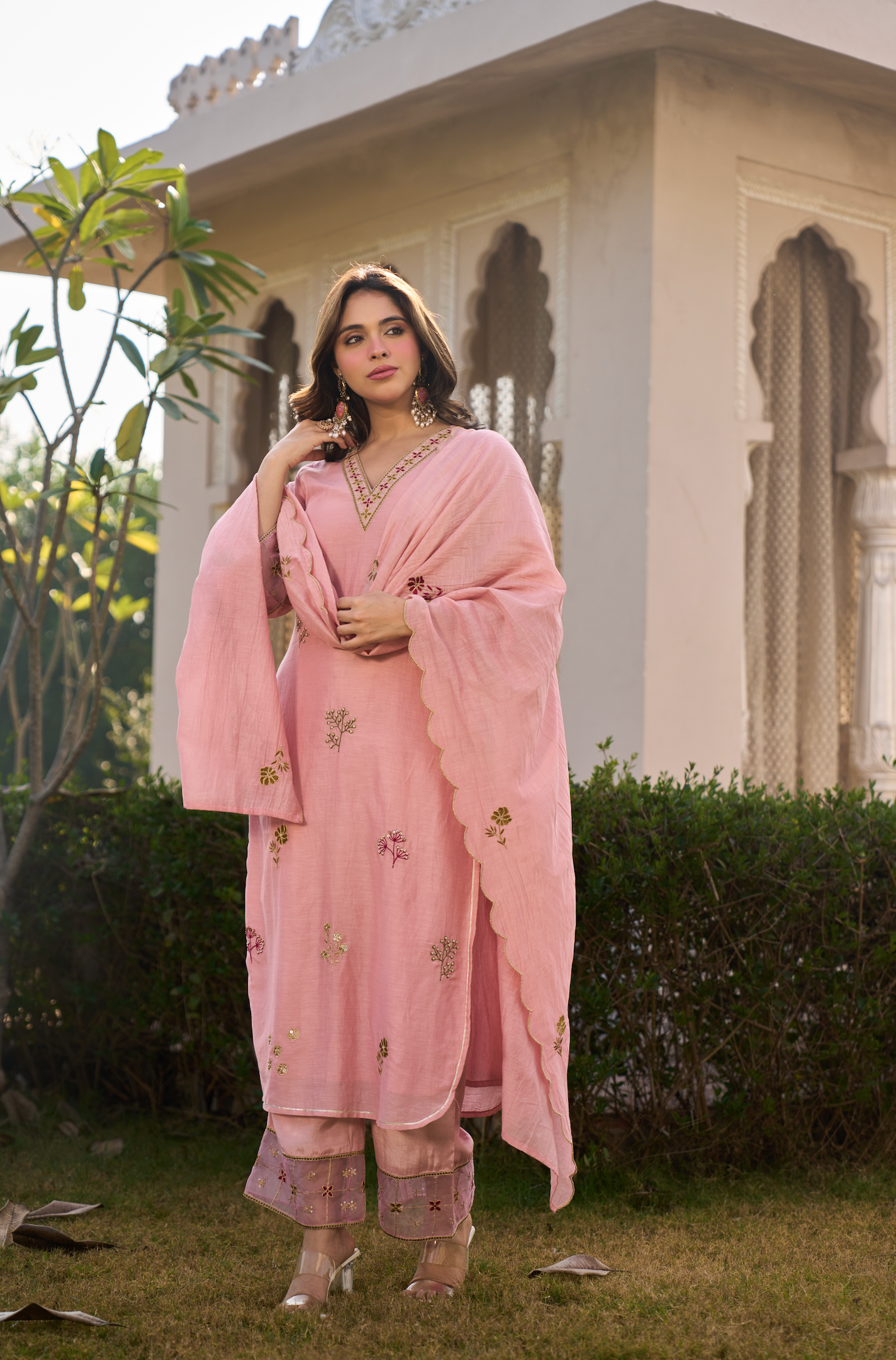 Blush Rose Chanderi Embroidered Suit Set