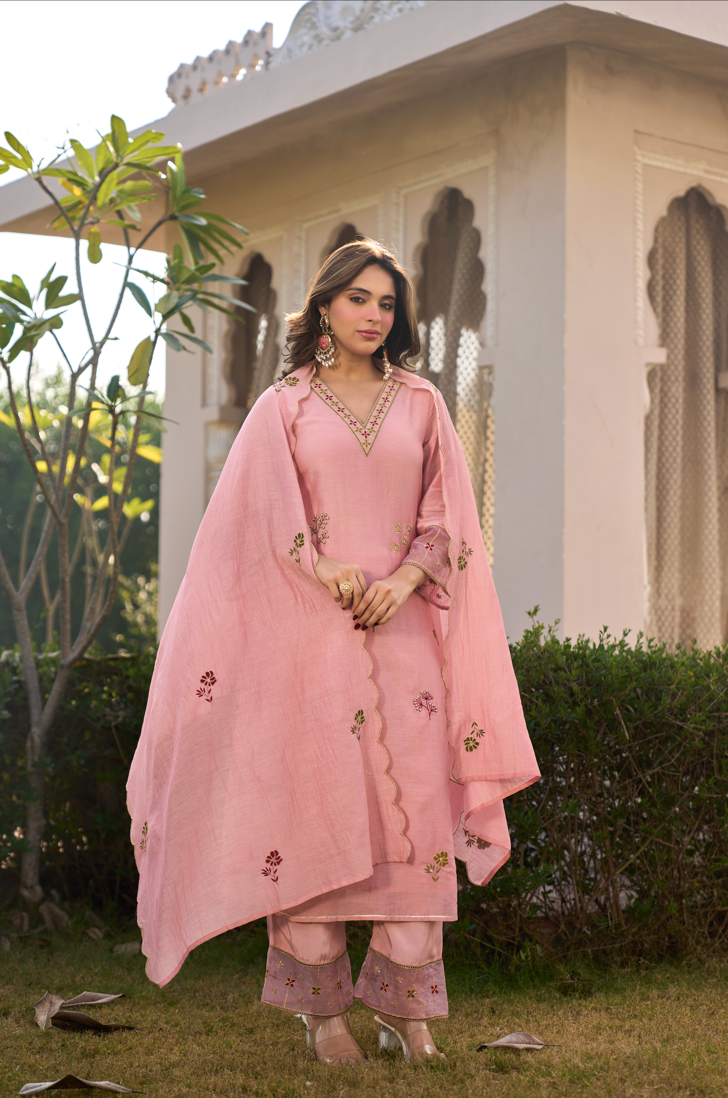 Blush Rose Chanderi Embroidered Suit Set