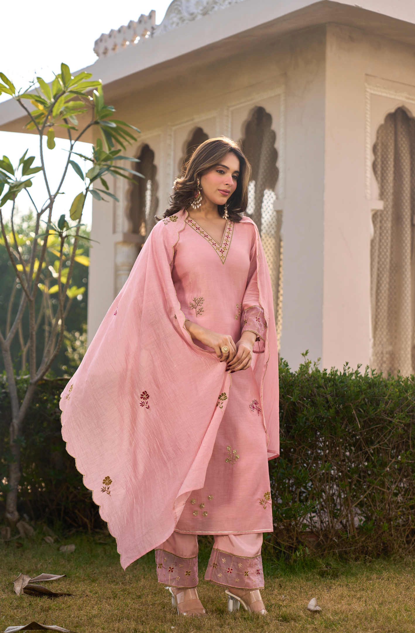 Blush Rose Chanderi Embroidered Suit Set