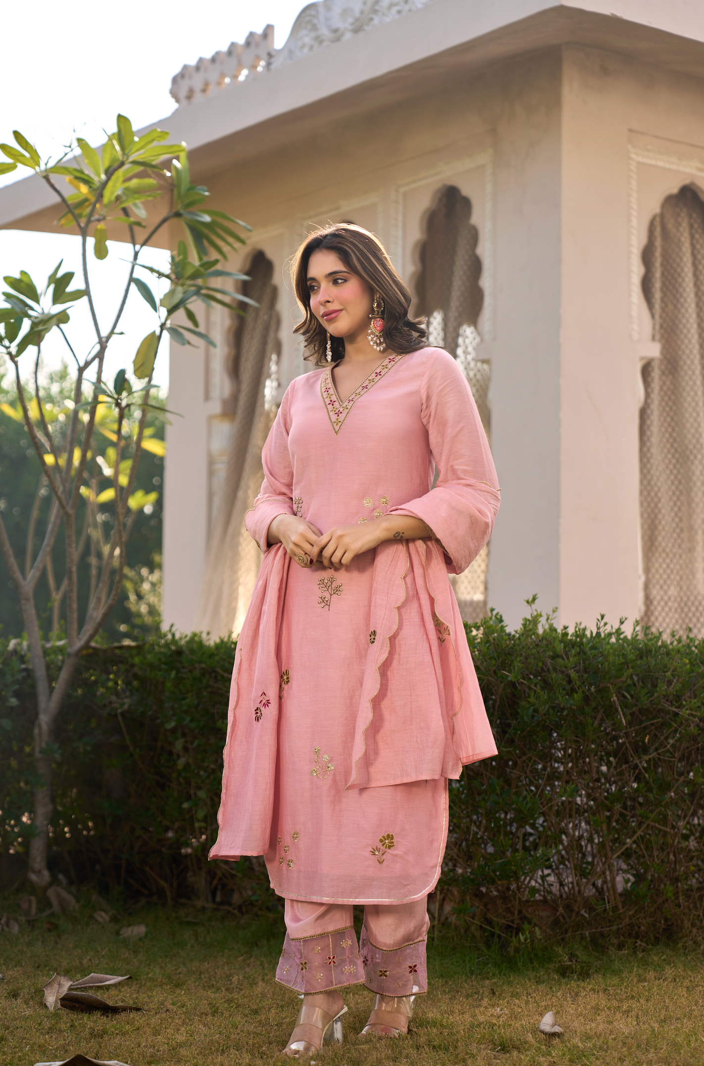 Blush Rose Chanderi Embroidered Suit Set